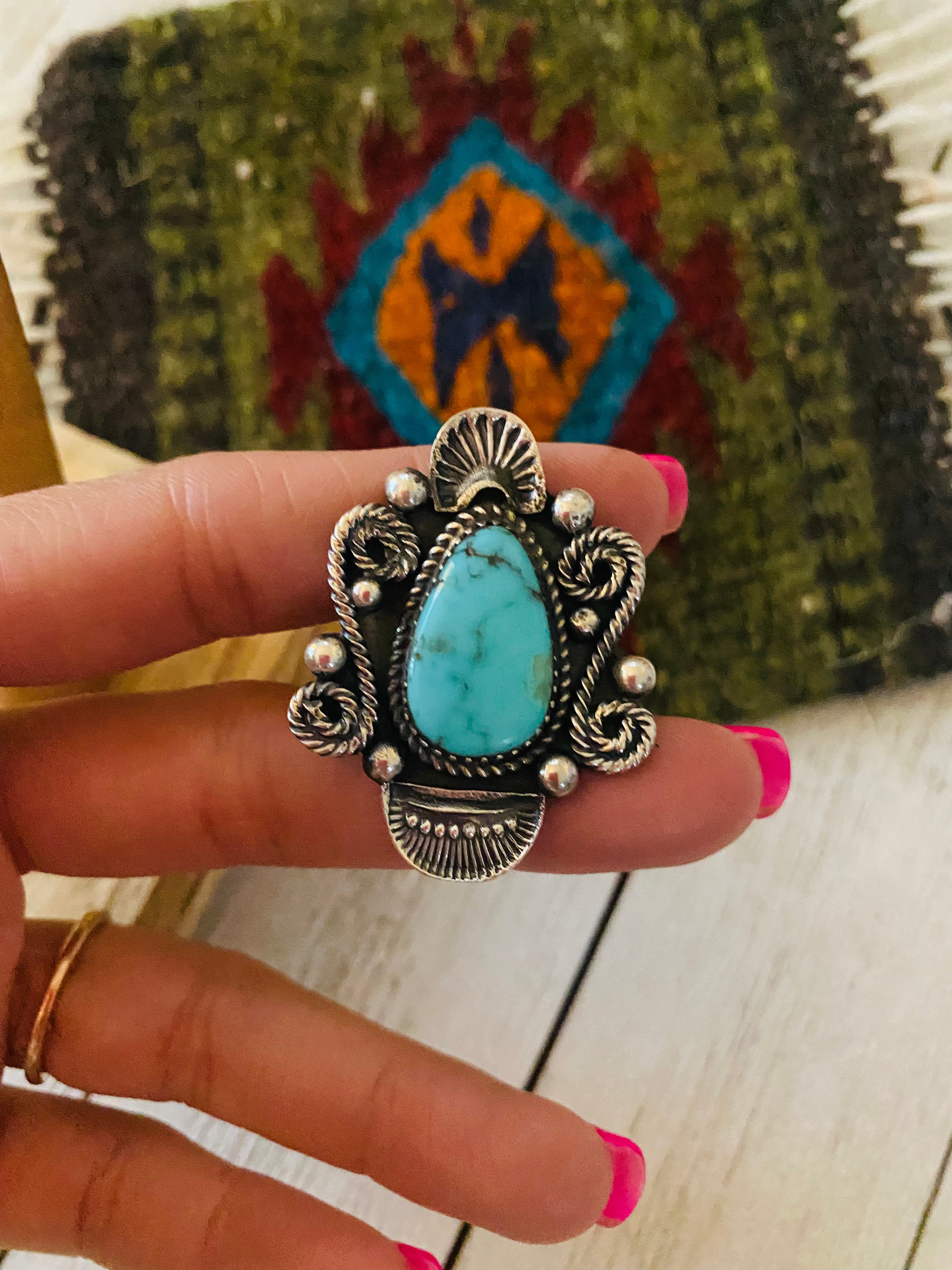 Navajo Kingman Turquoise & Sterling Silver Adjustable Ring