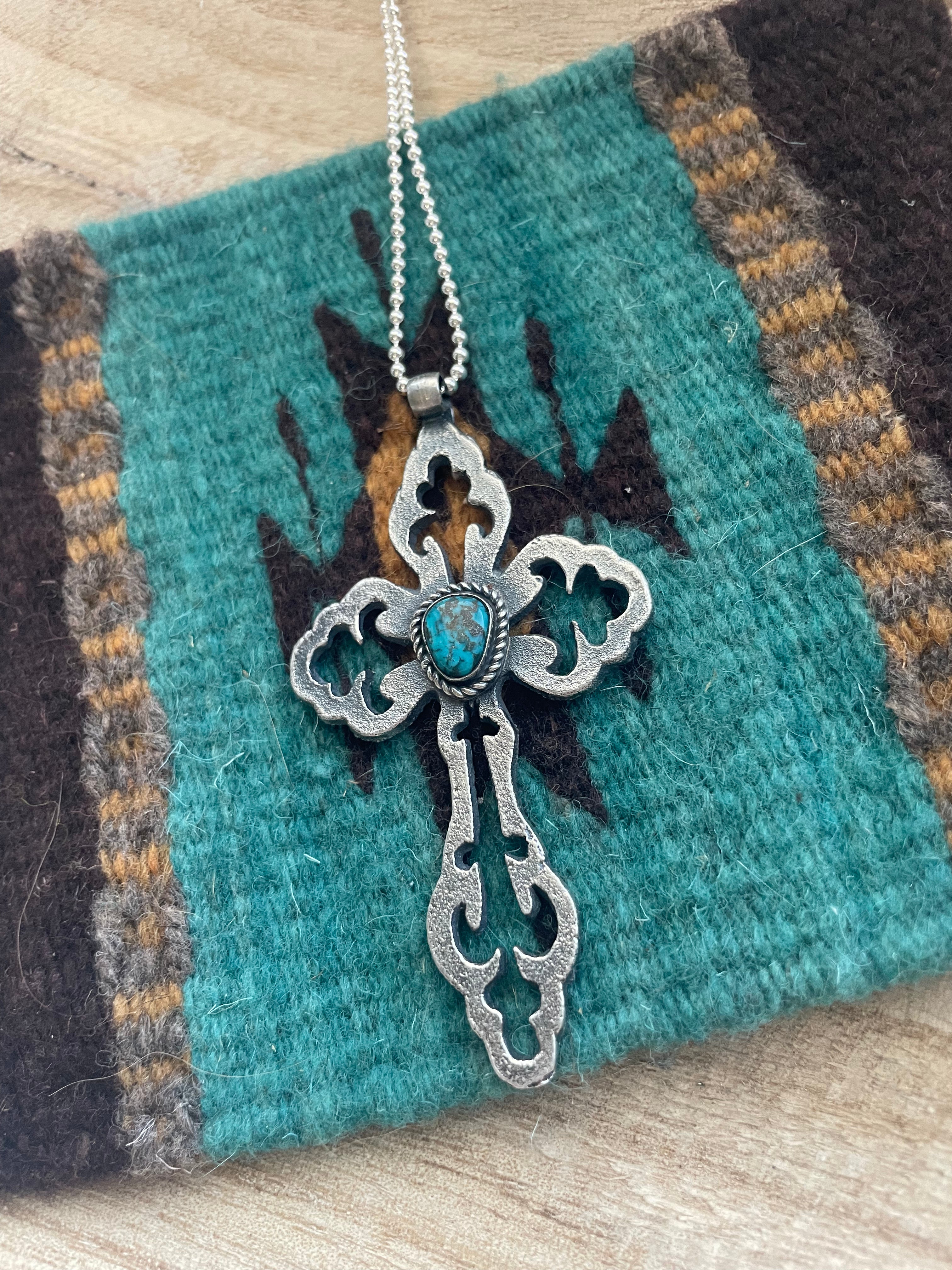 Navajo Sterling Silver & Turquoise Cross Pendant Signed Eugene Mitchell