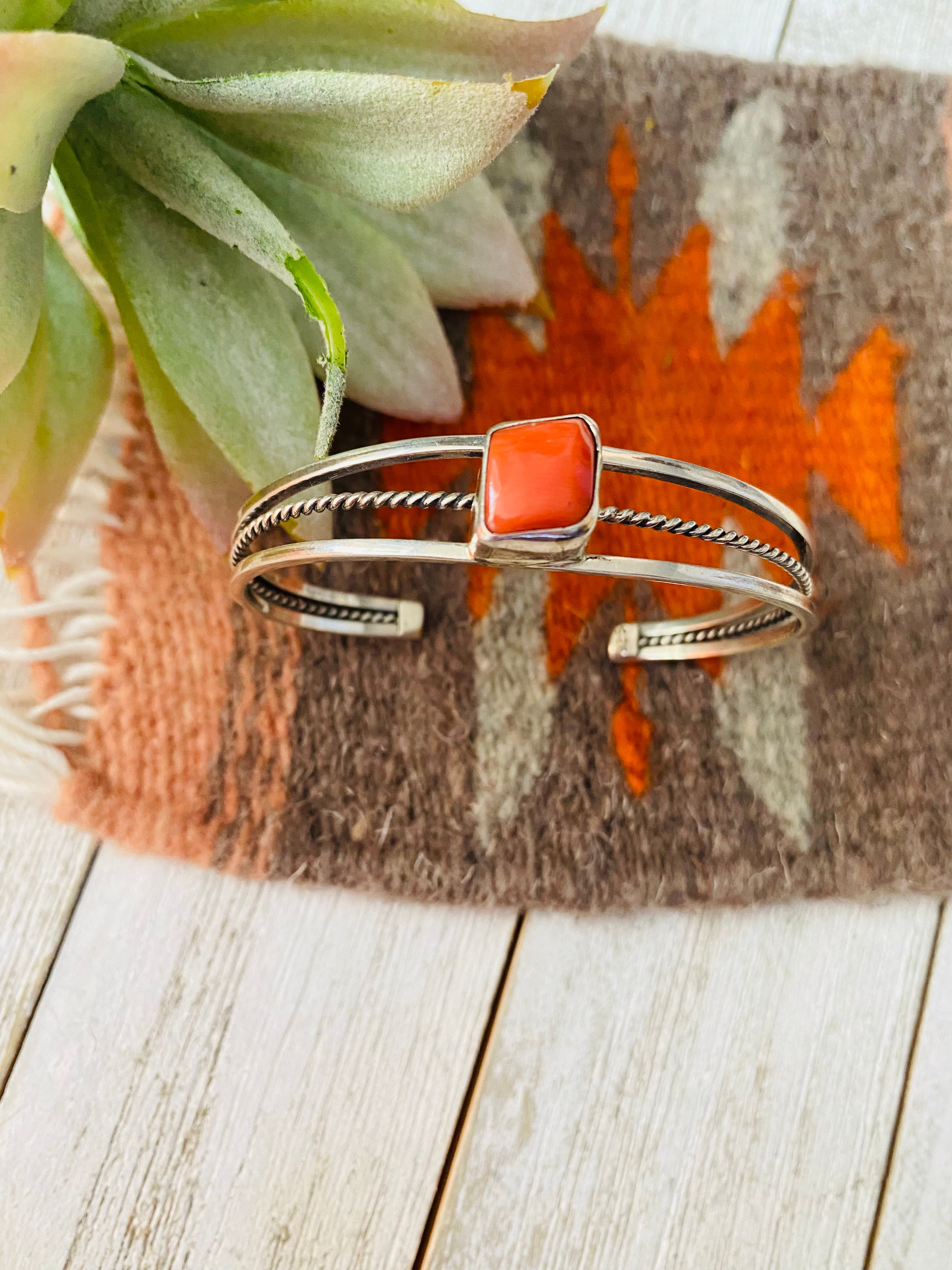 Navajo Coral & Sterling Silver Cuff Bracelet