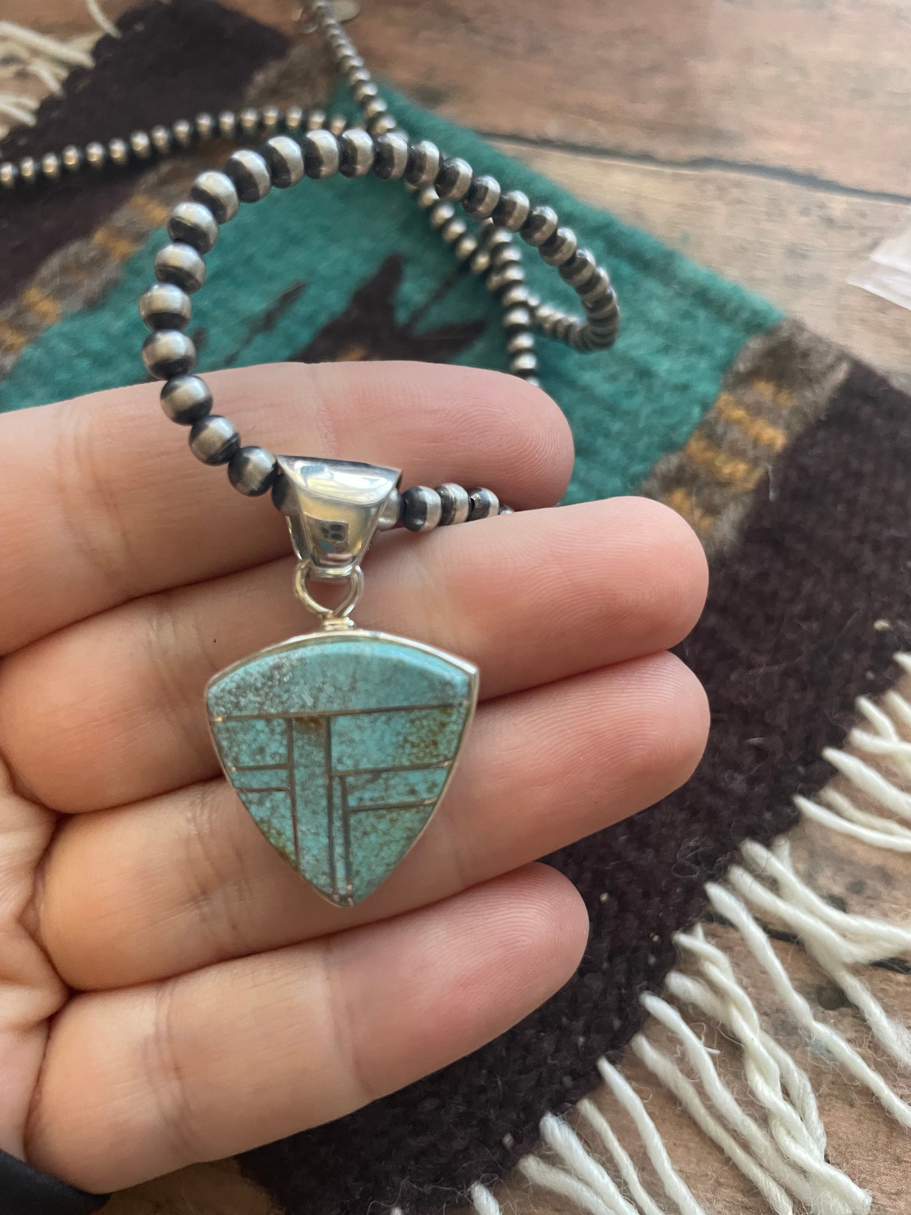 Number 8 Turquoise Inlay & Sterling Silver Pendant