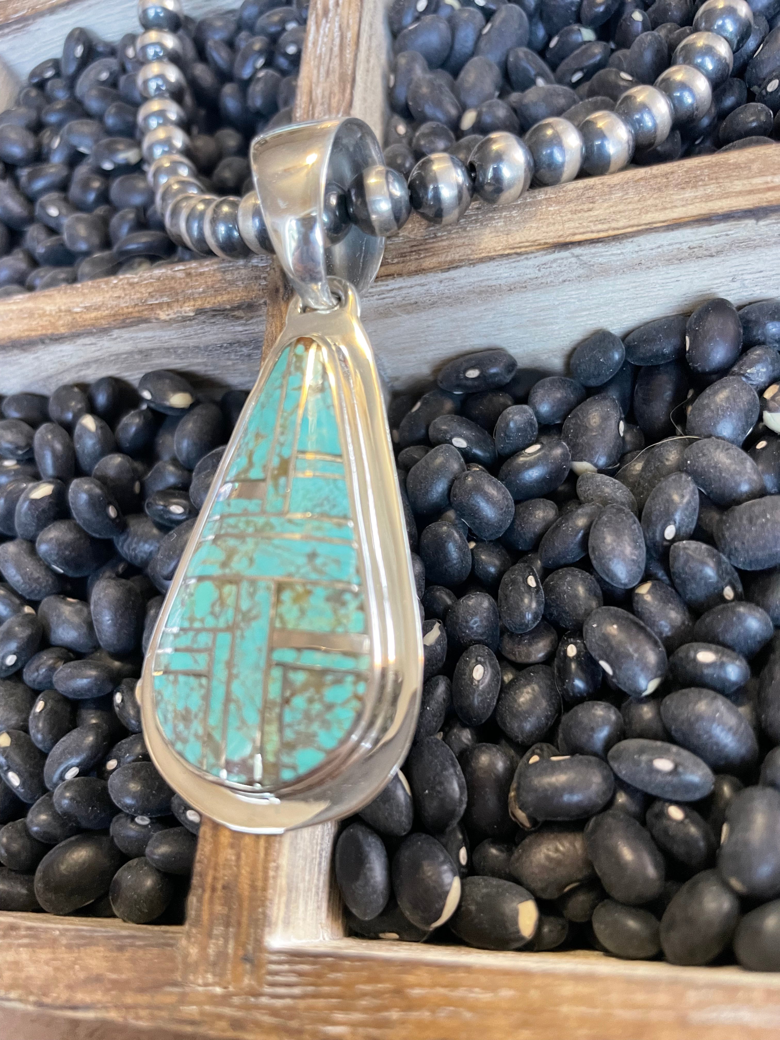 Navajo Number 8 Turquoise Inlay & Sterling Silver Pendant Signed