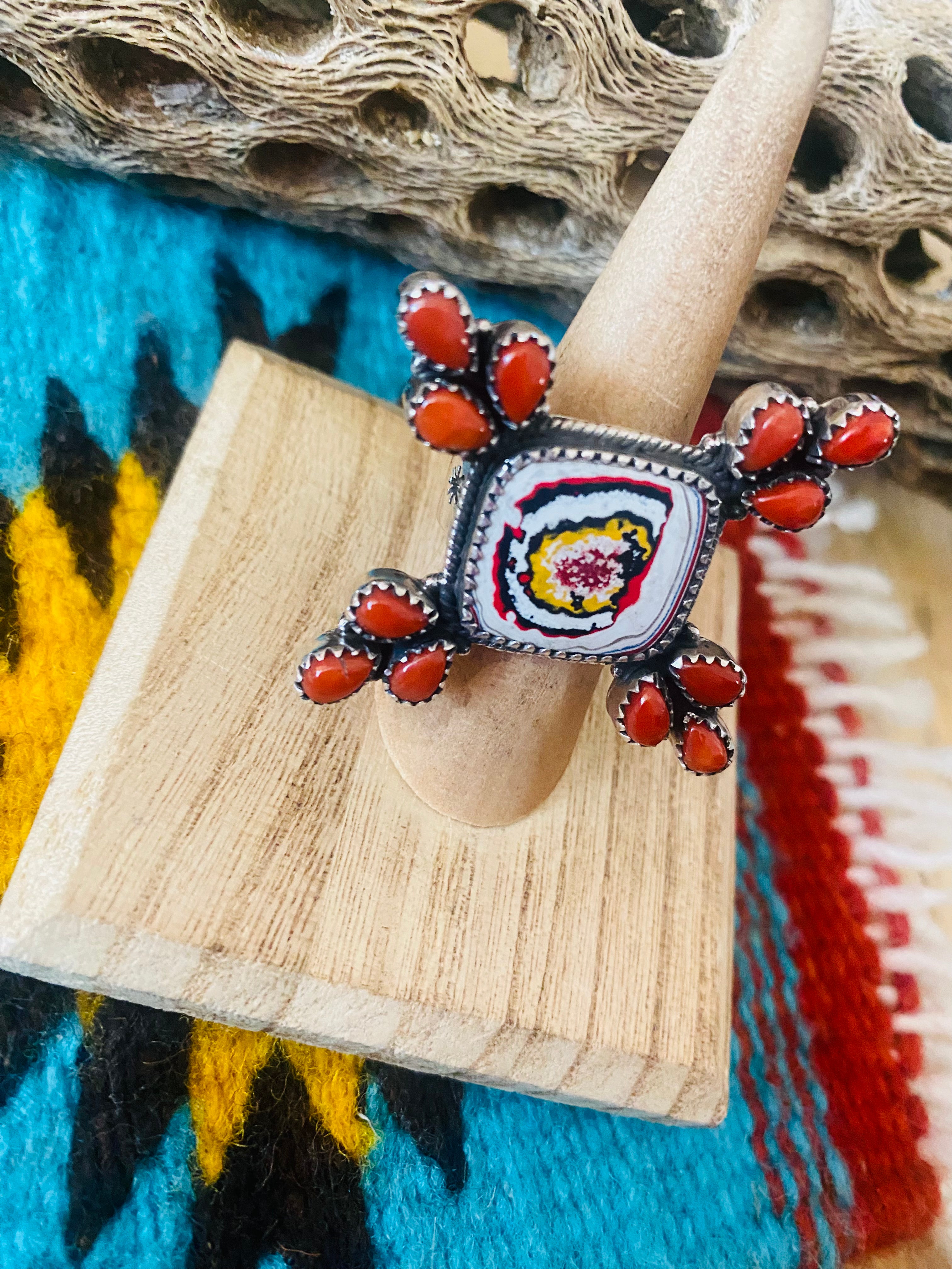 Handmade Sterling Silver, Fordite & Coral Cluster Adjustable Ring