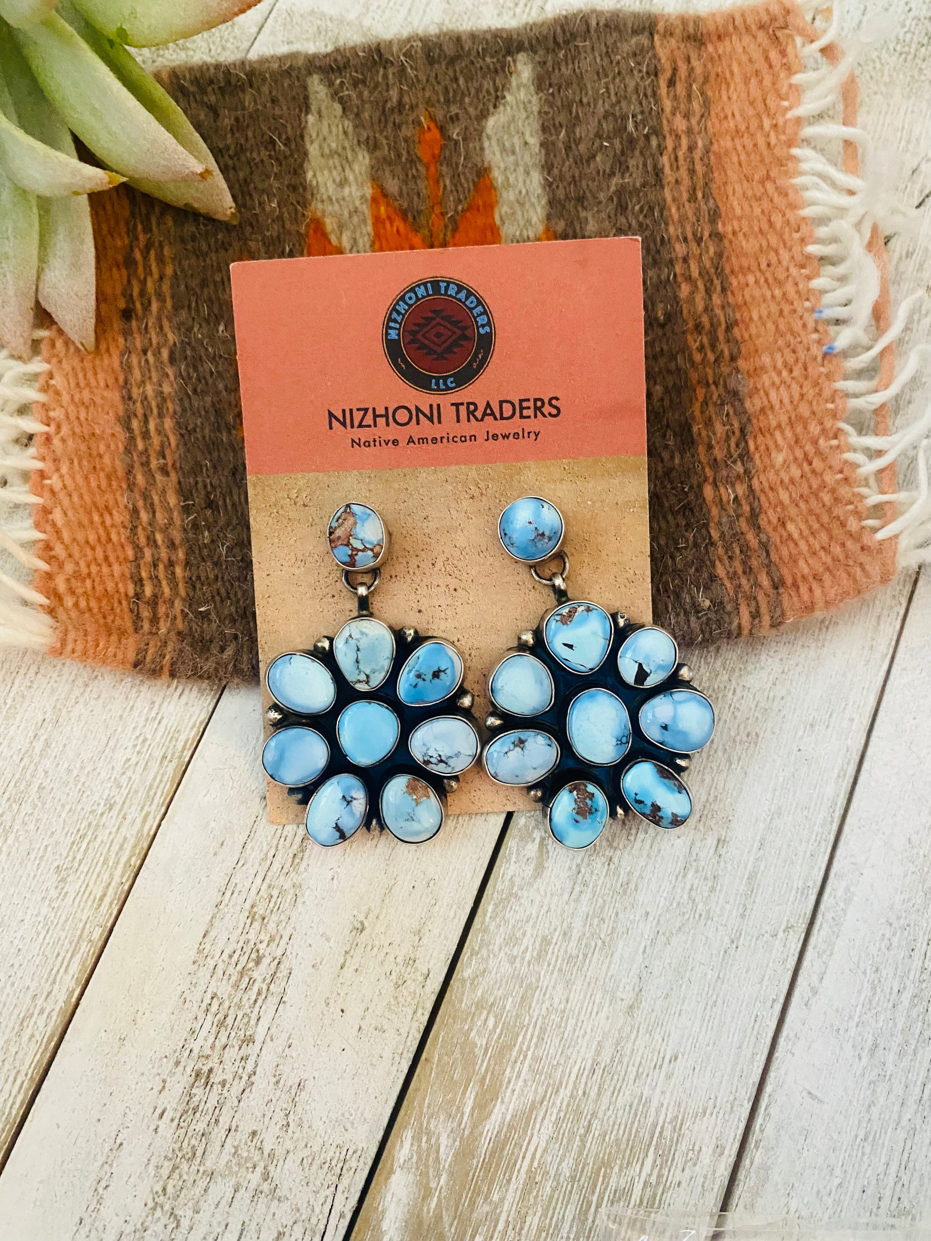 Navajo Golden Hills Turquoise & Sterling Silver Cluster Dangle Earrings