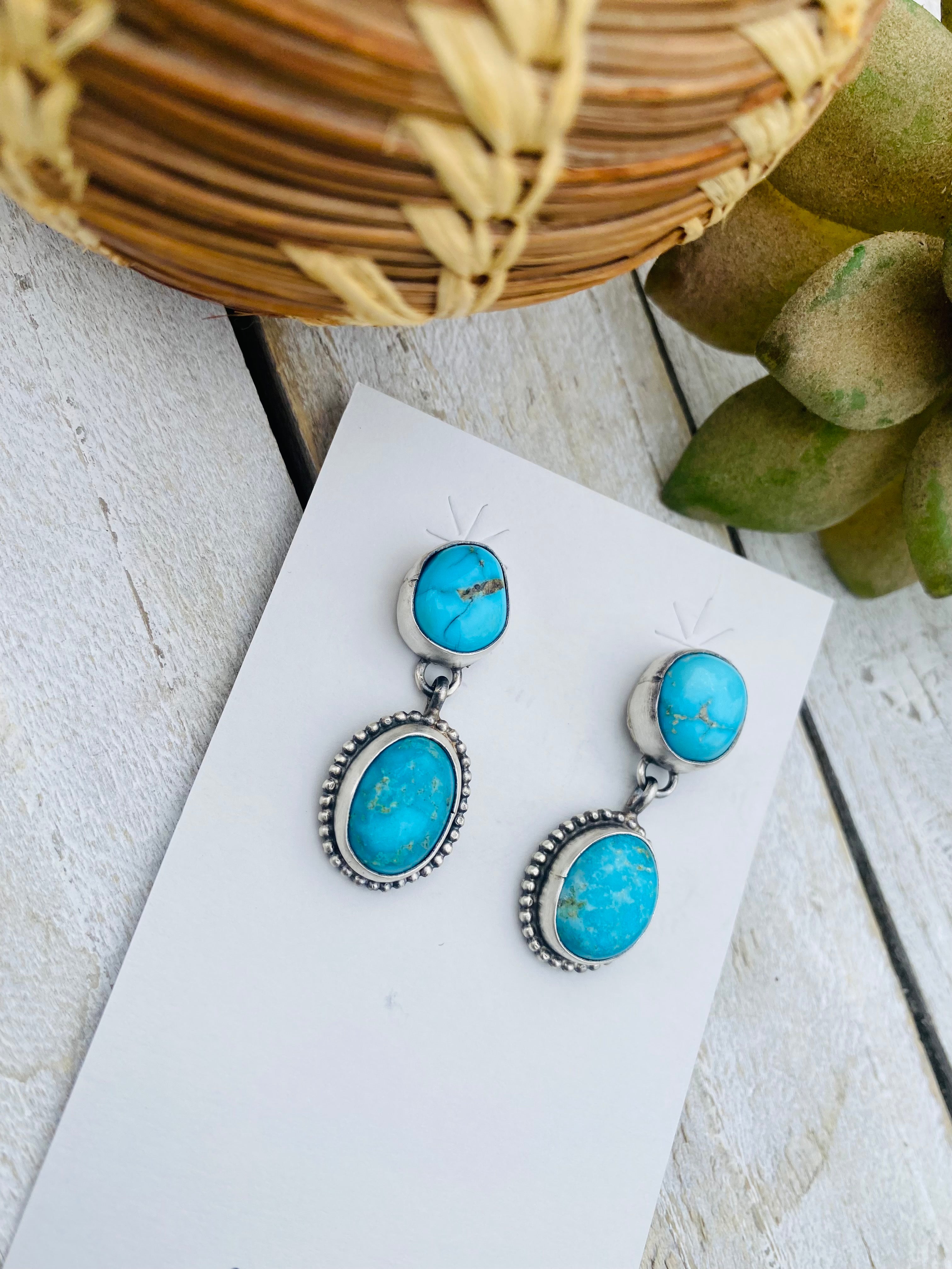 Navajo Sterling Silver And Turquoise Dangle Earrings Signed