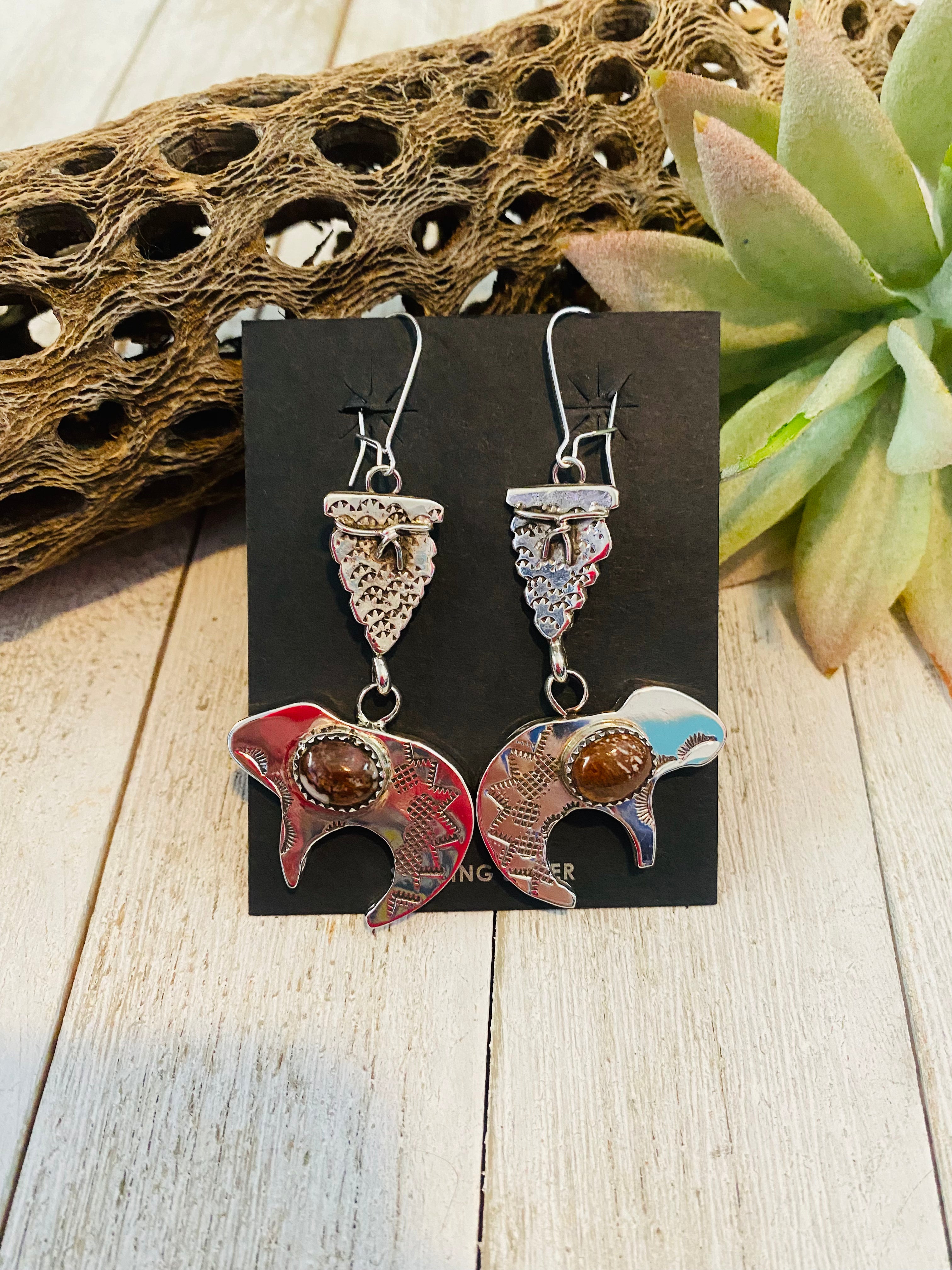 Navajo Wild Horse & Sterling Silver Fetish Bear Dangle Earrings