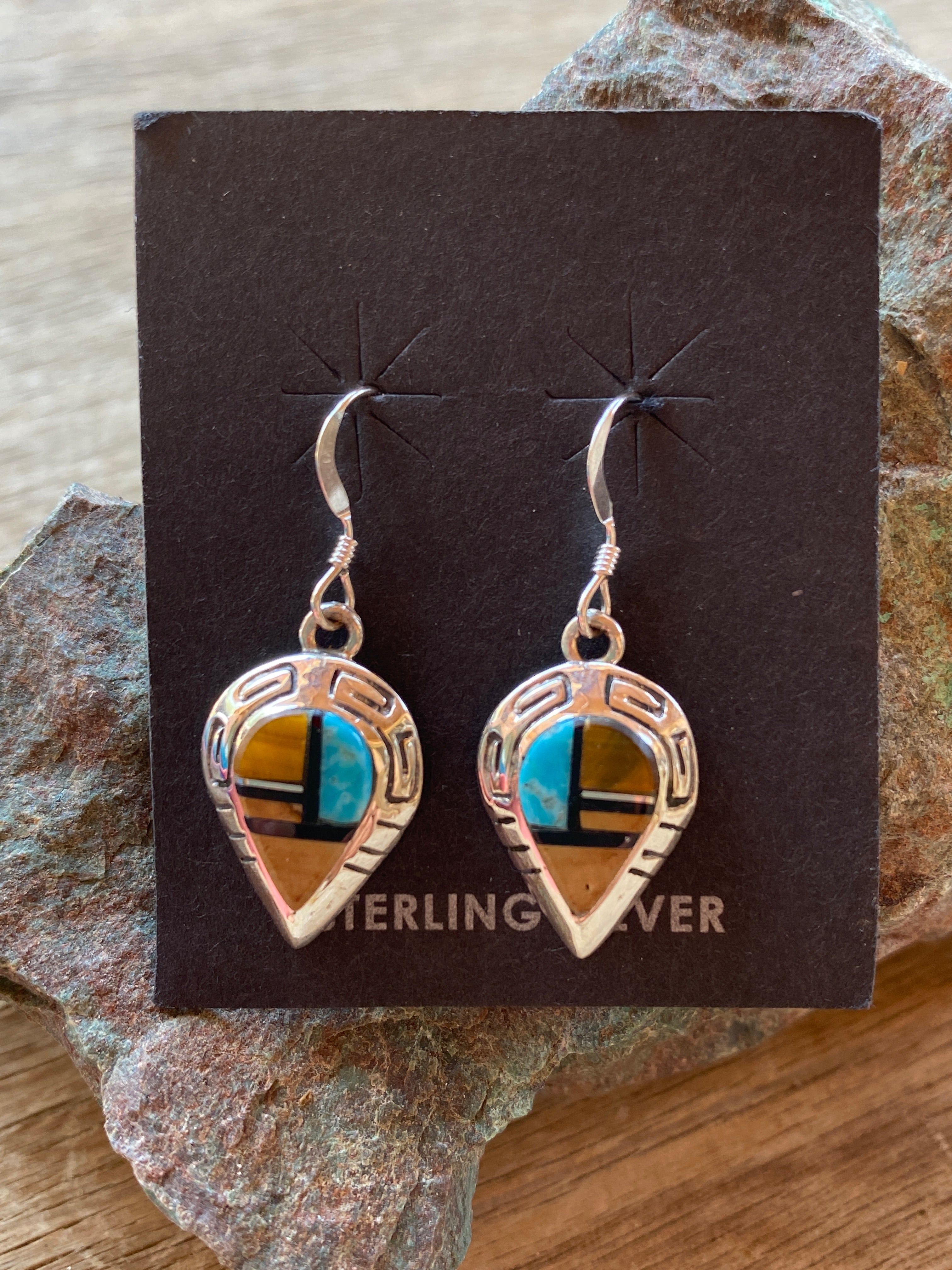 Navajo Turquoise, Onyx, Petrified Wood & Sterling Silver Inlay Drop Dangle Earrings