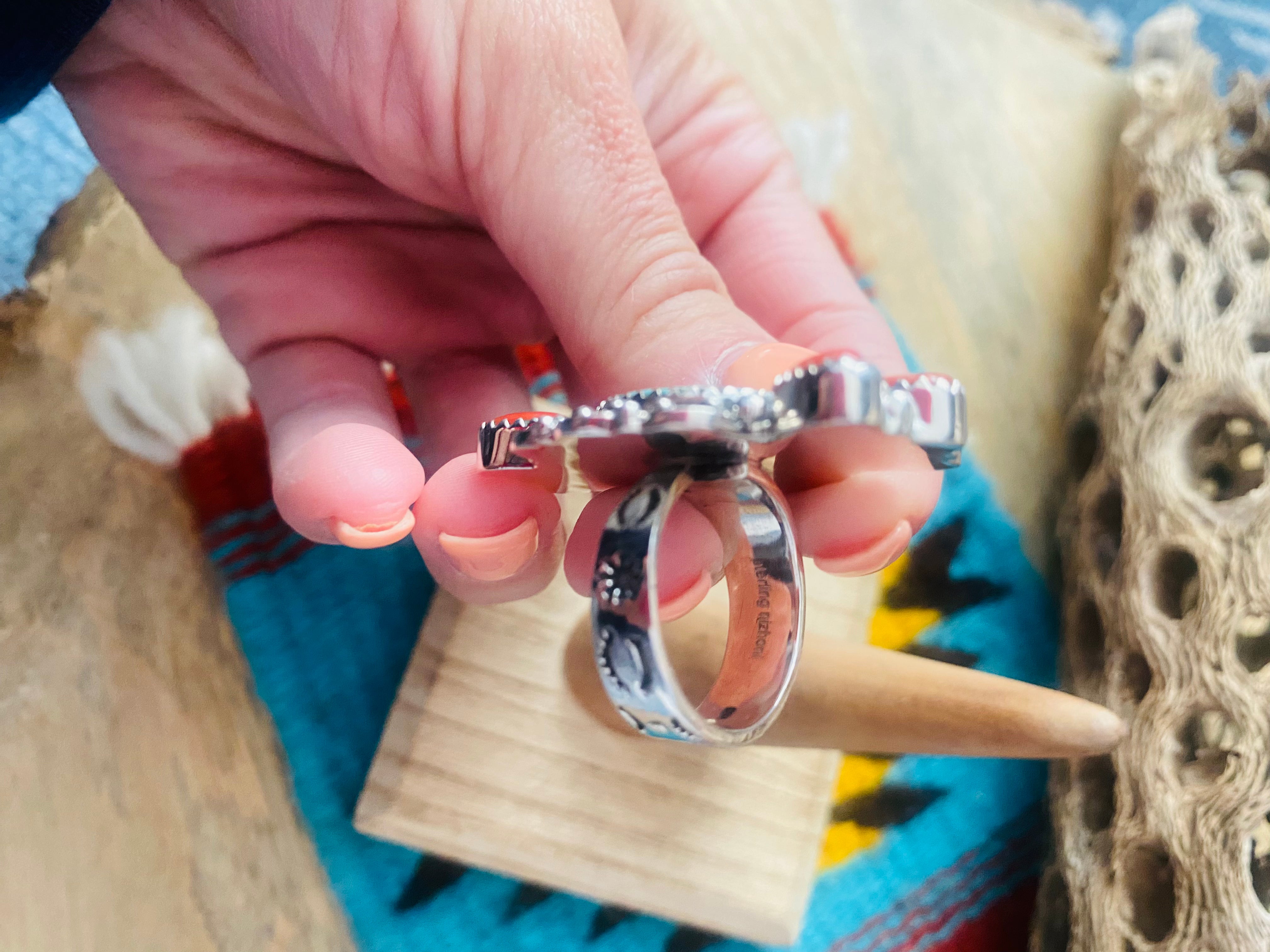 Handmade Sterling Silver, Coral & Number 8 Turquoise Adjustable Ring