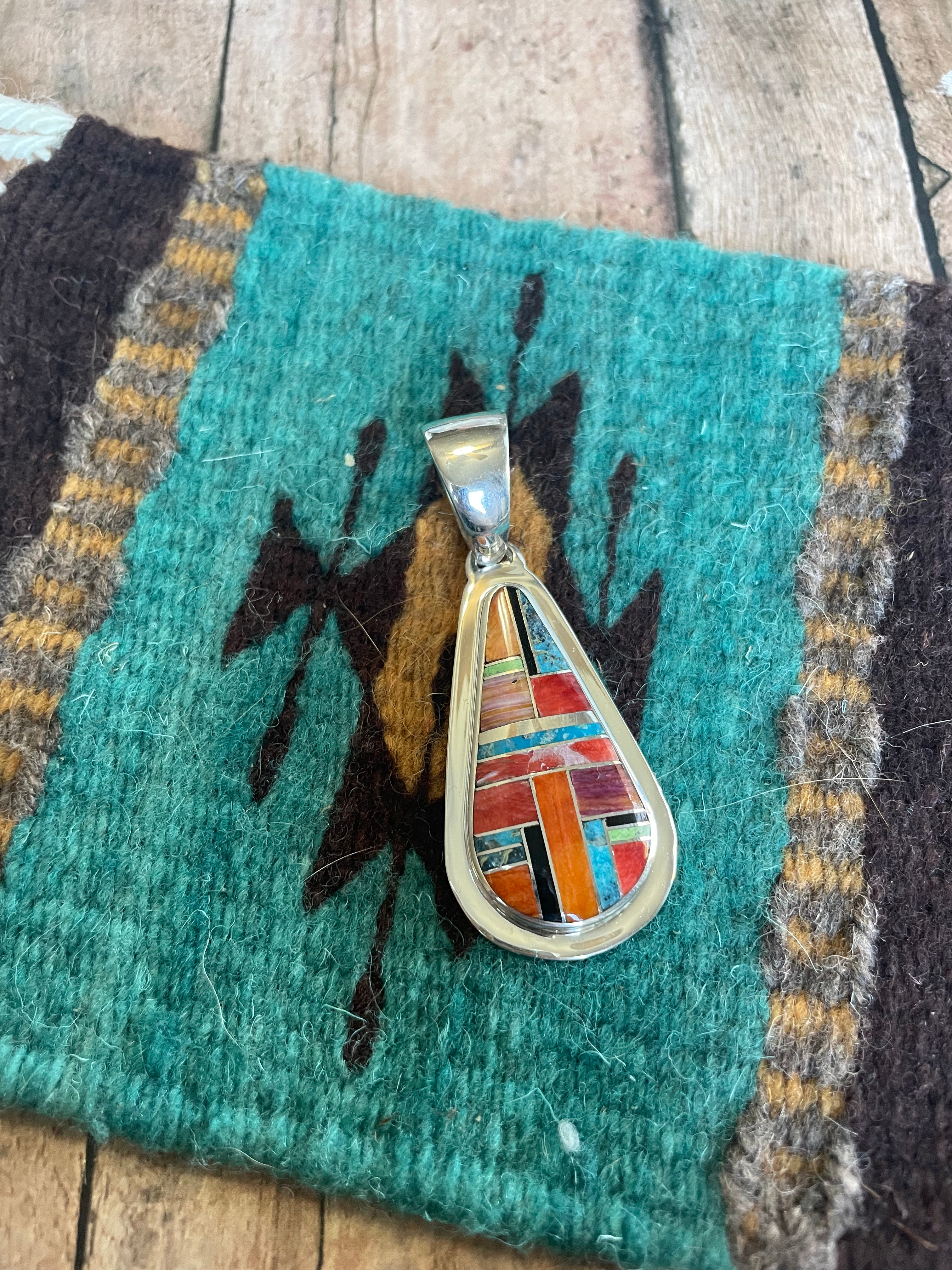 Navajo Multi Stone Inlay & Sterling Silver Pendant Signed