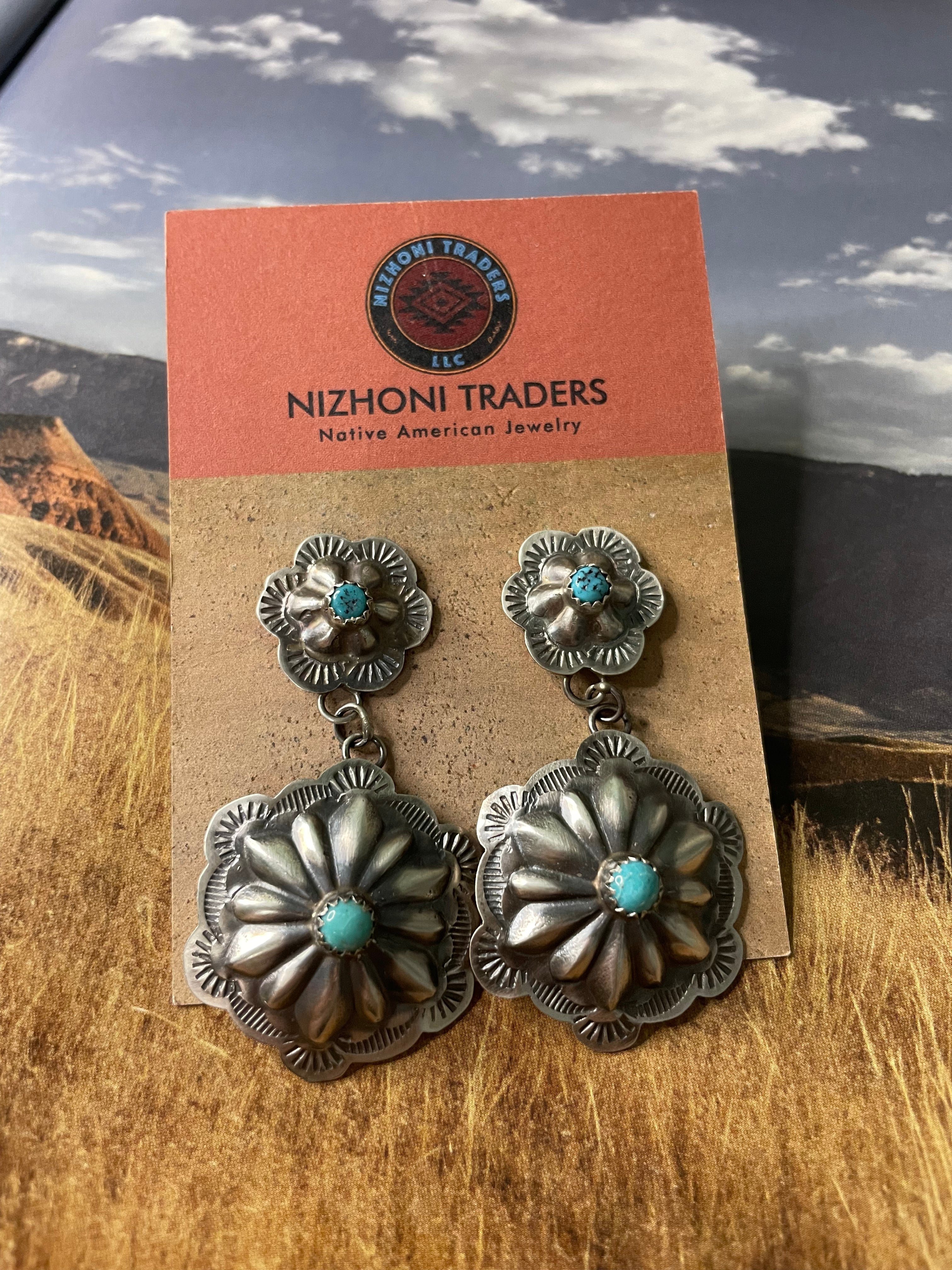 Navajo Sterling Silver And Turquoise Concho Dangle Earrings Signed