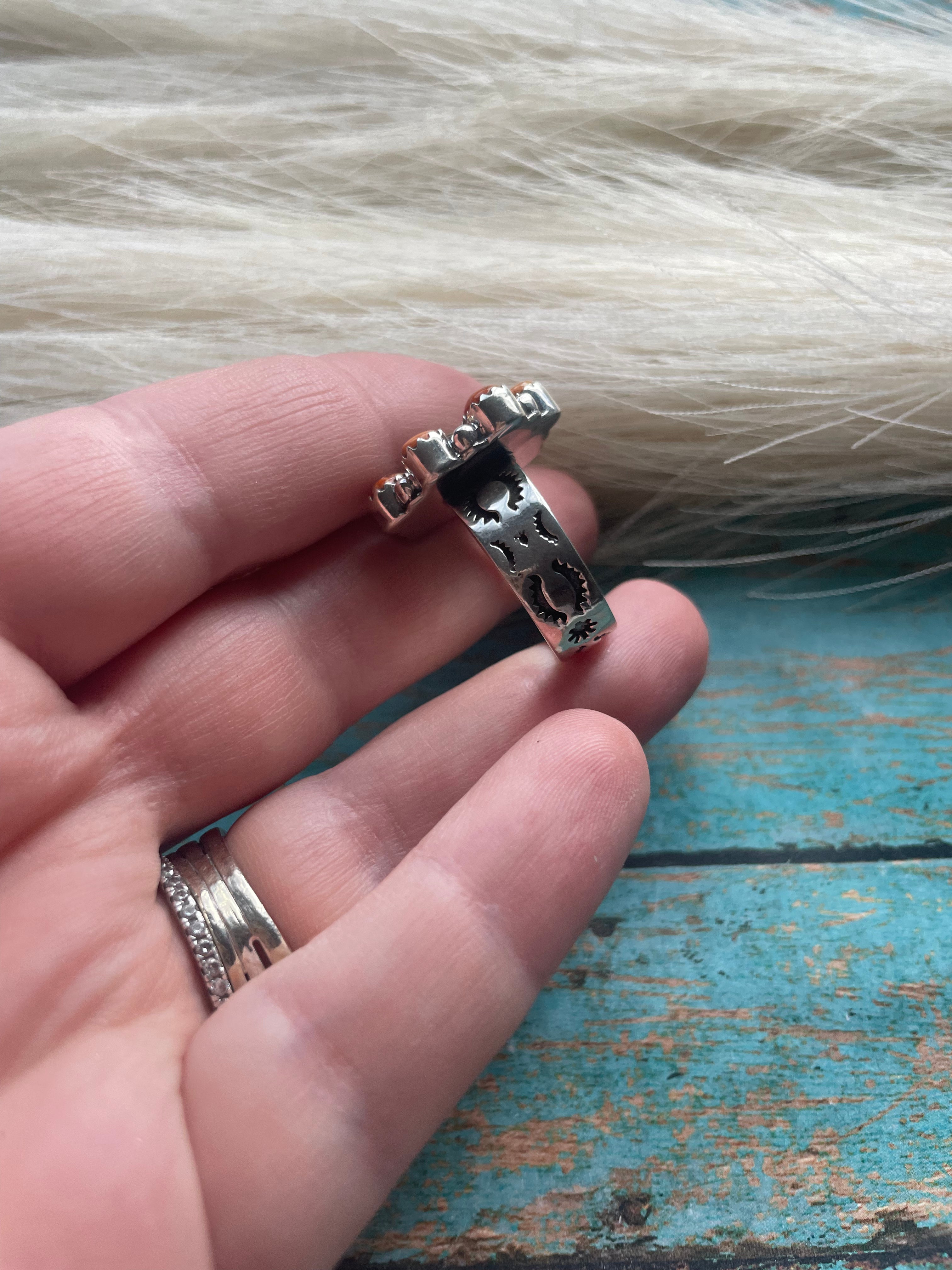 Handmade Sterling Silver, Orange Spiny & Turquoise Cluster Adjustable Ring Signed Nizhoni