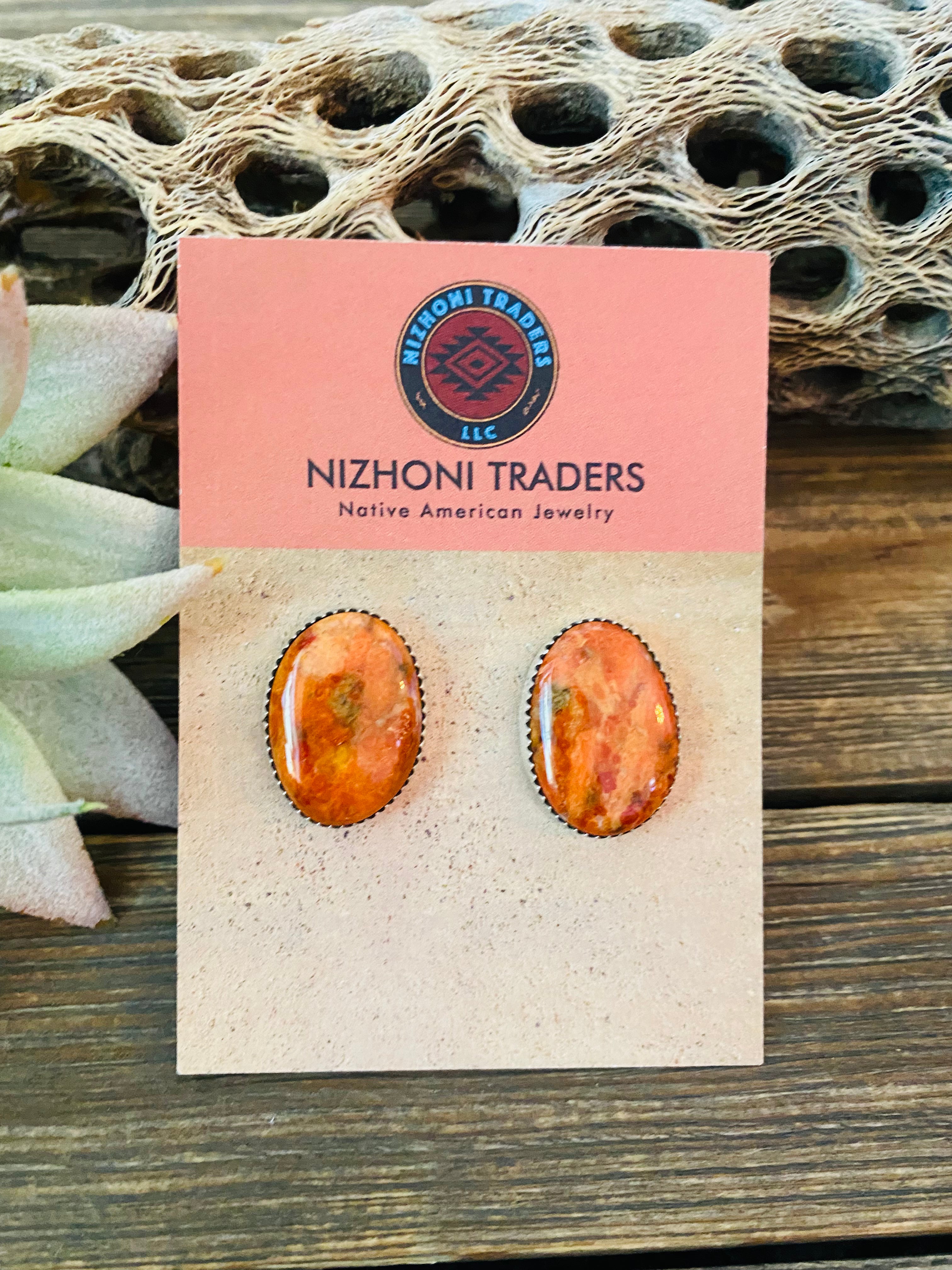 Navajo Sterling Silver & Orange Spiny Post Earrings 7/8”