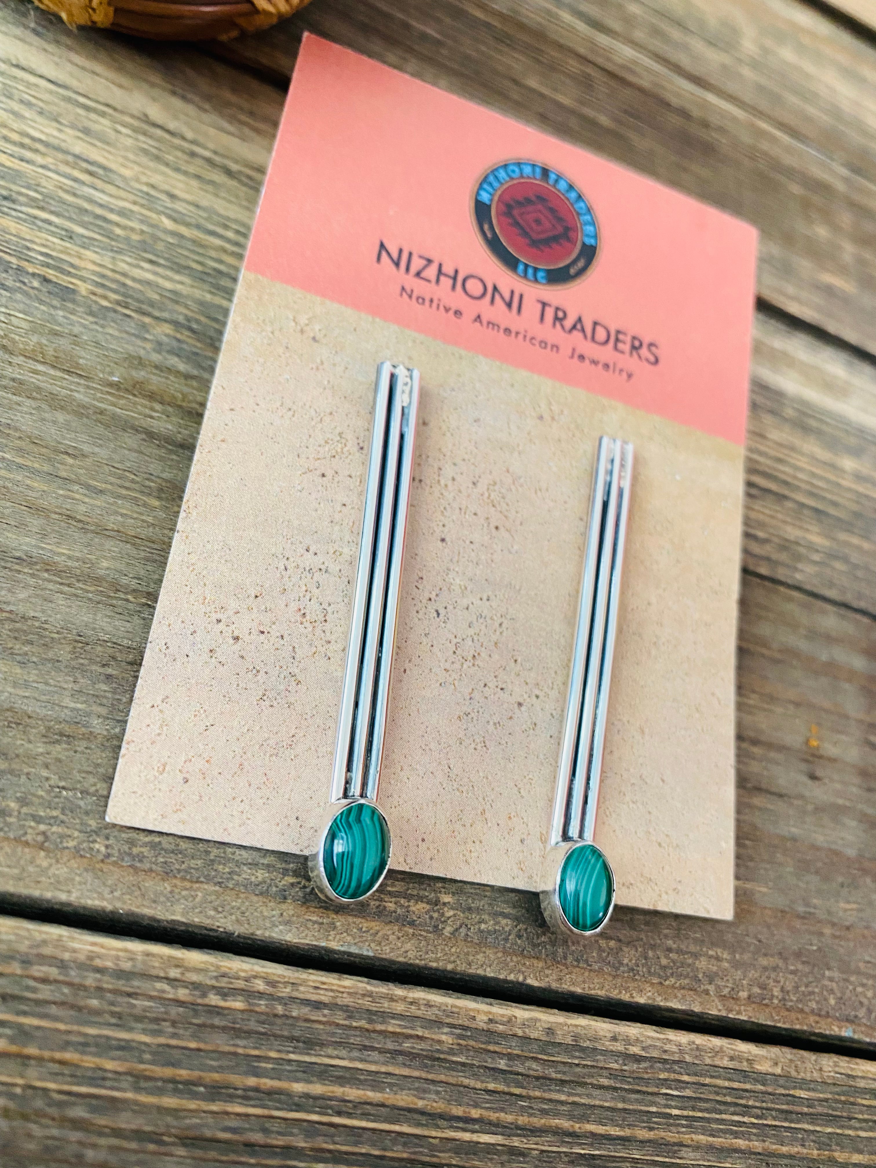 Navajo Malachite & Sterling Silver Dangle Earrings