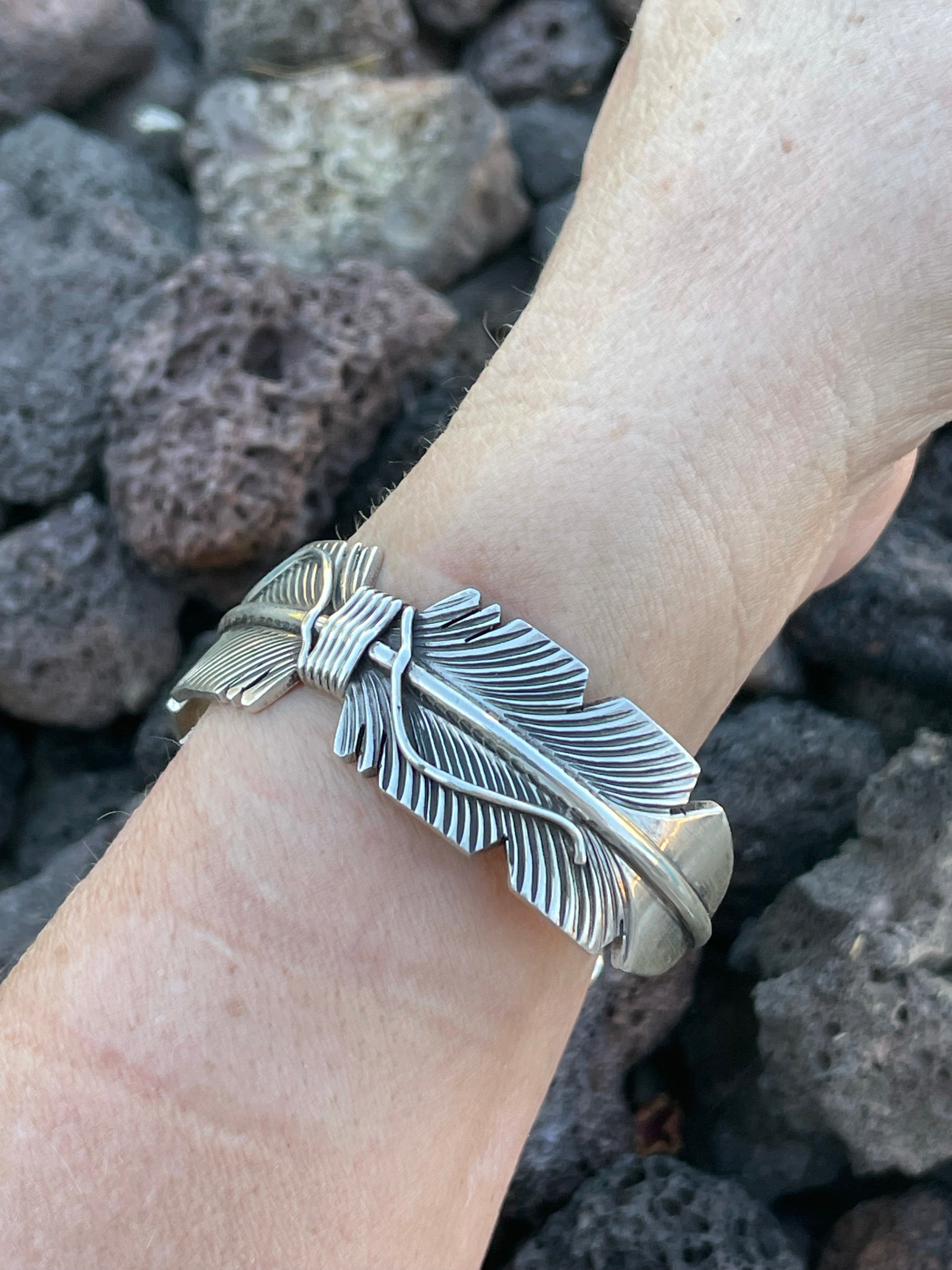 Navajo Sterling Silver Hand Crafted Feather Bracelet Cuff