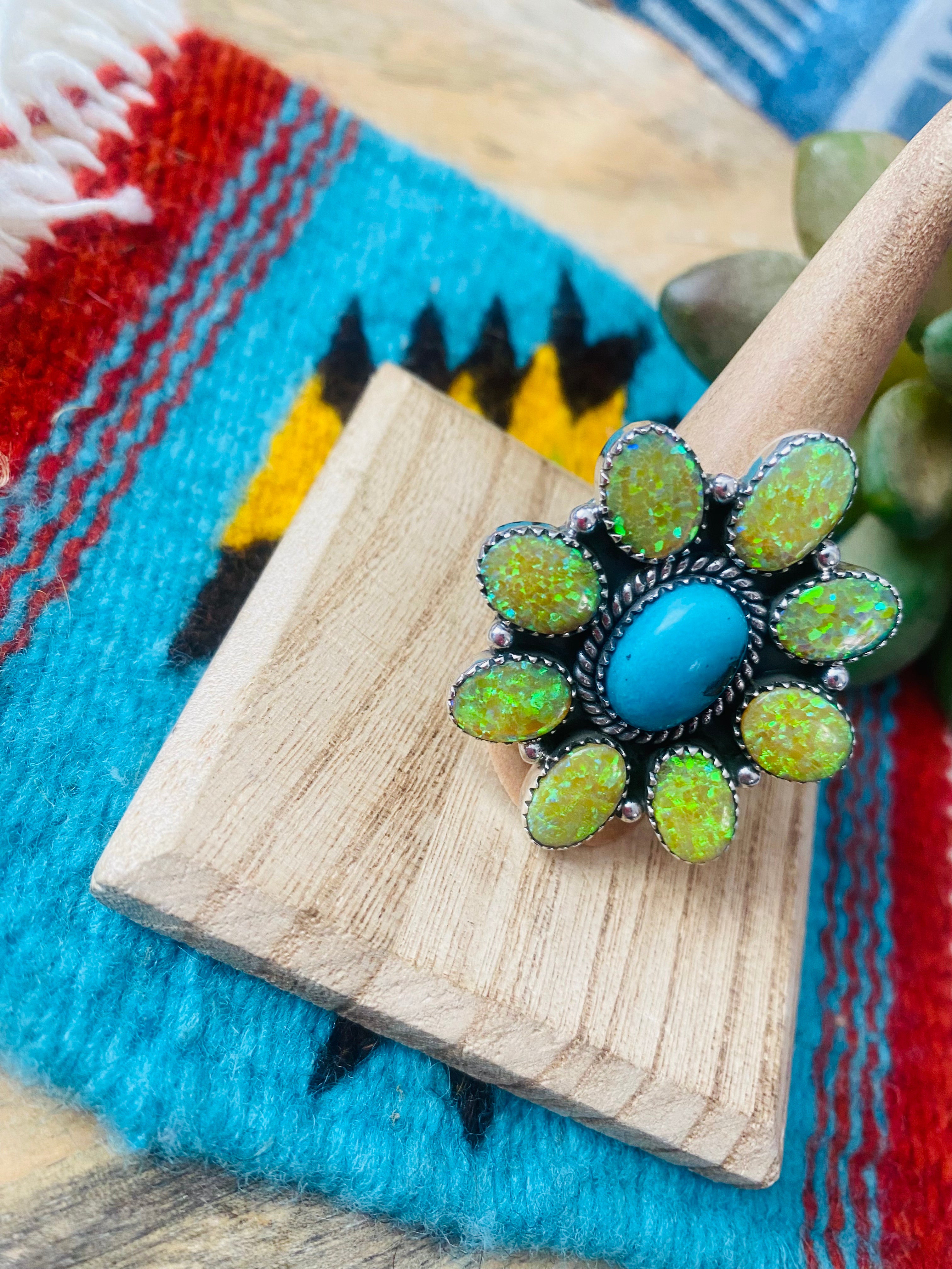 Handmade Sterling Silver, Opal & Turquoise Cluster Adjustable Ring