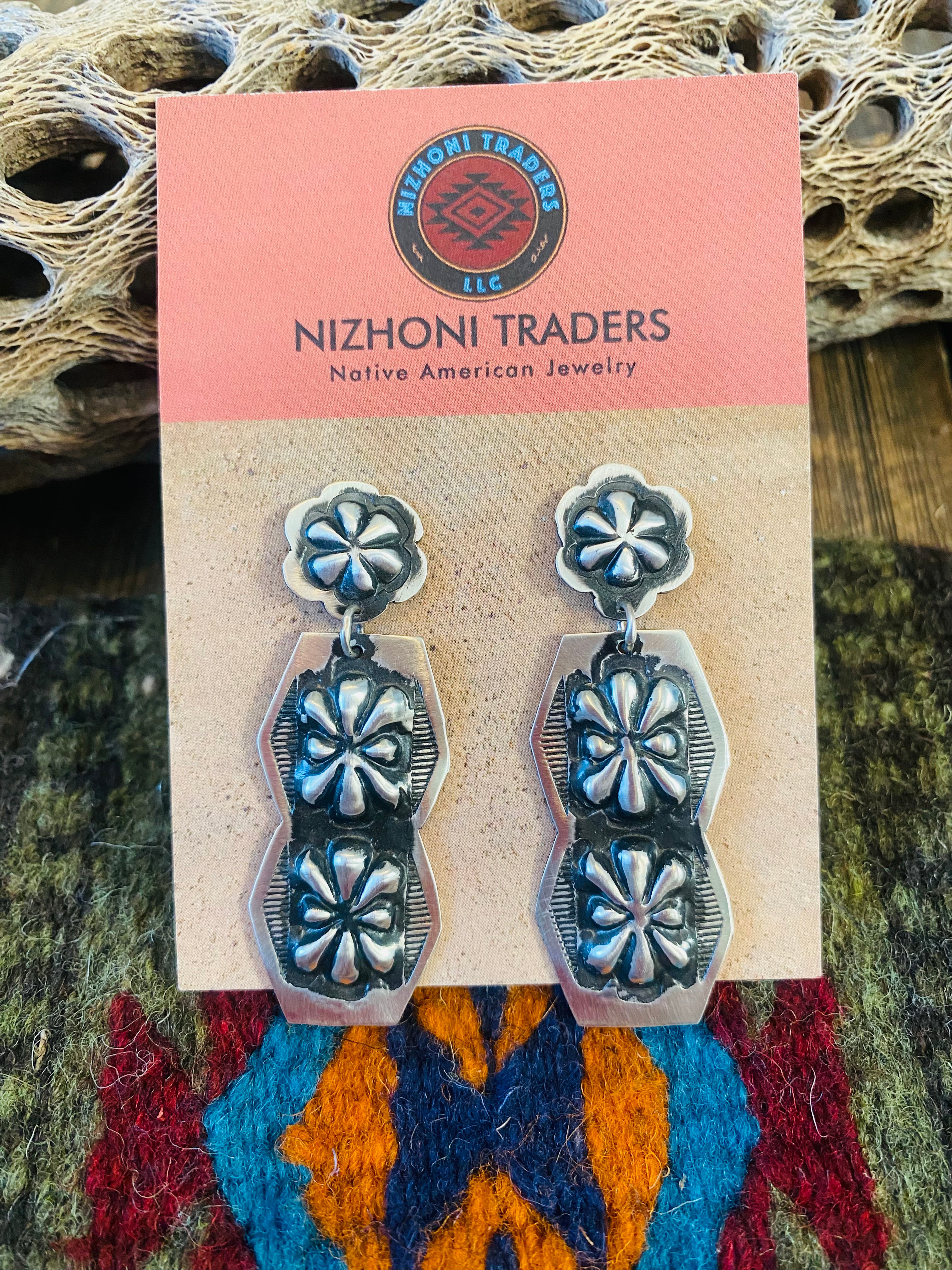 Navajo Sterling Silver Concho Dangle Earrings By Leander Tahe