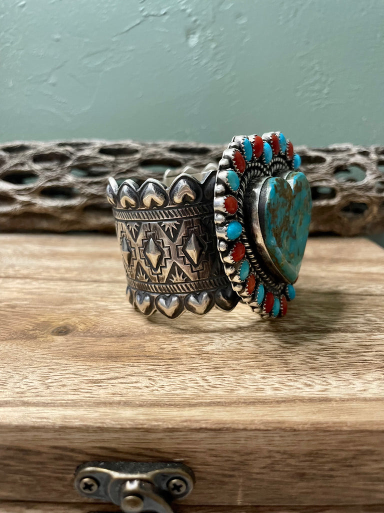 Navajo Sterling Heart Statement Turquoise And Natural Red Coral 