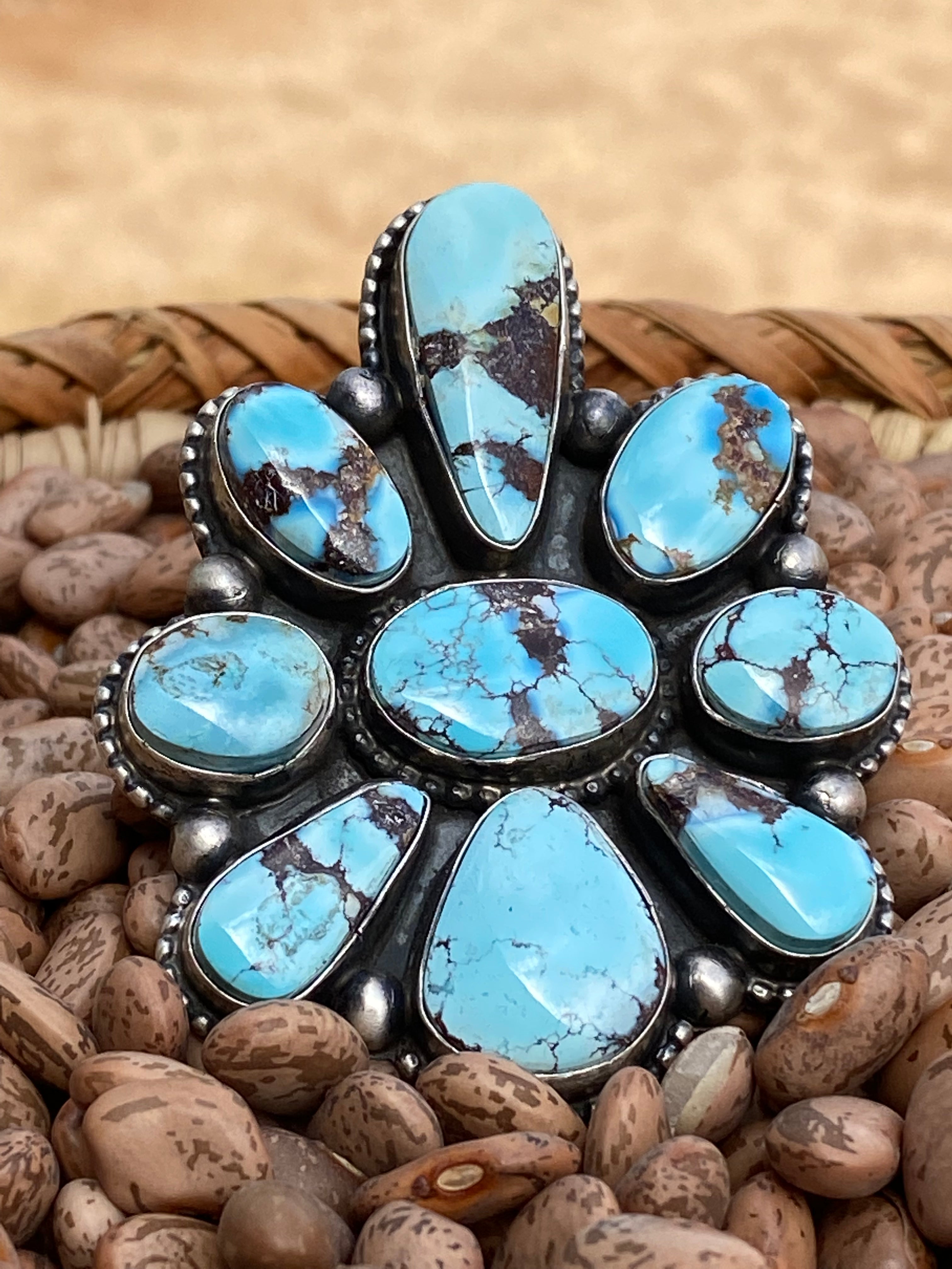 Navajo Golden Hills Turquoise & Sterling Silver Size  6.5 Signed Bobby Johnson