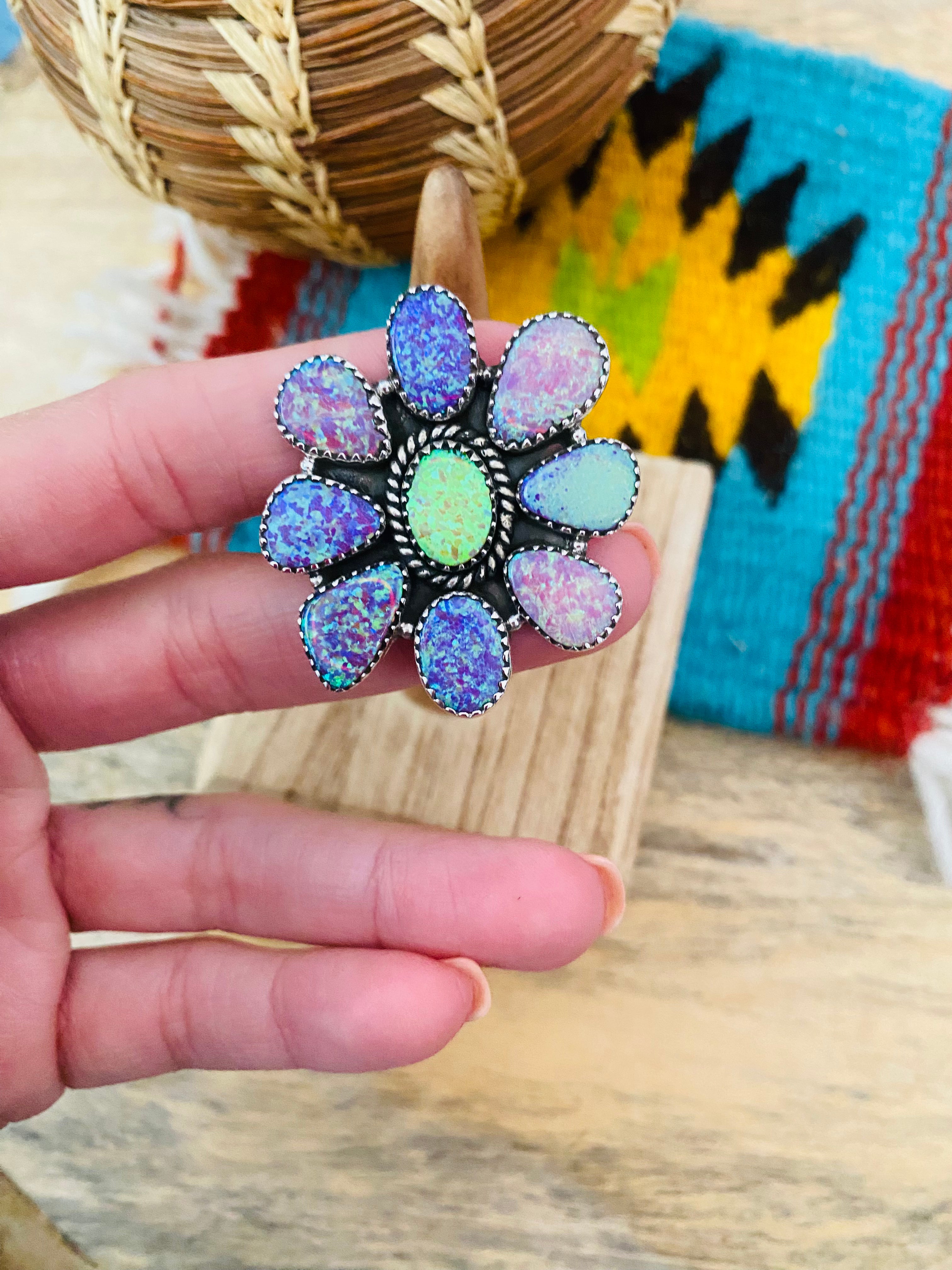 Handmade Sterling Silver & Opal Cluster Adjustable Ring