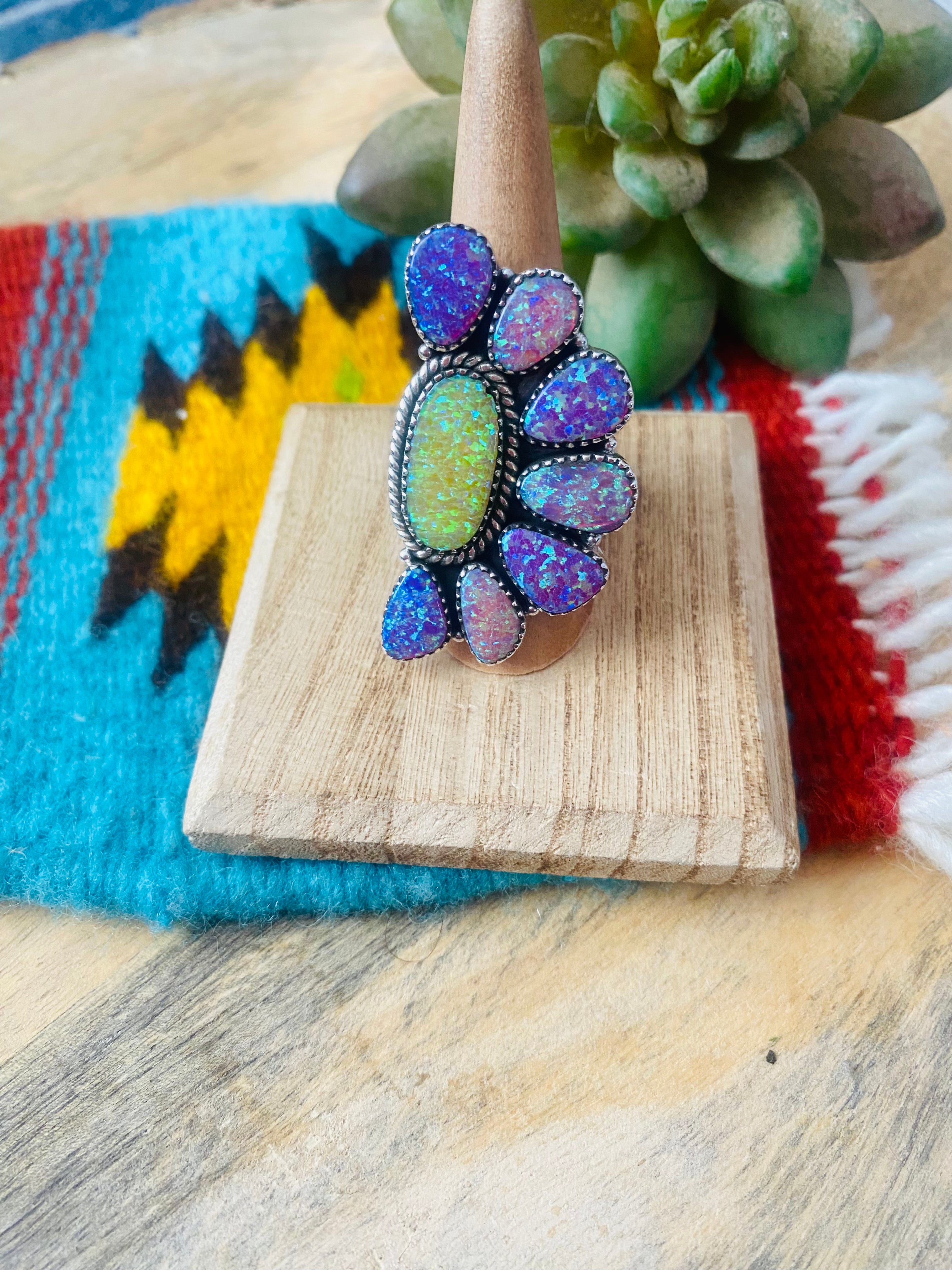 Handmade Sterling Silver & Opal Cluster Adjustable Ring