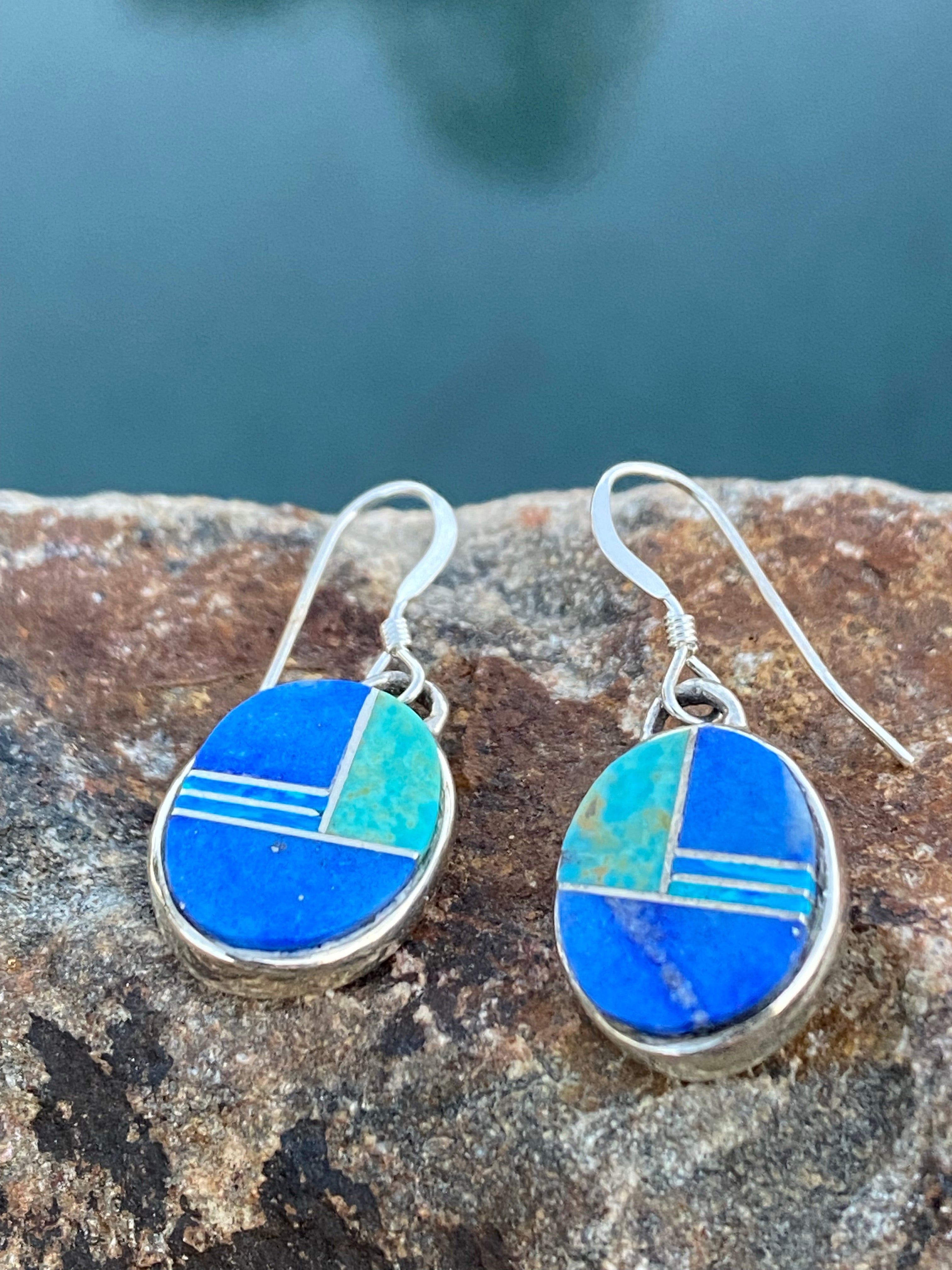 Navajo Lapis, Turquoise, Circle Dangle Earrings