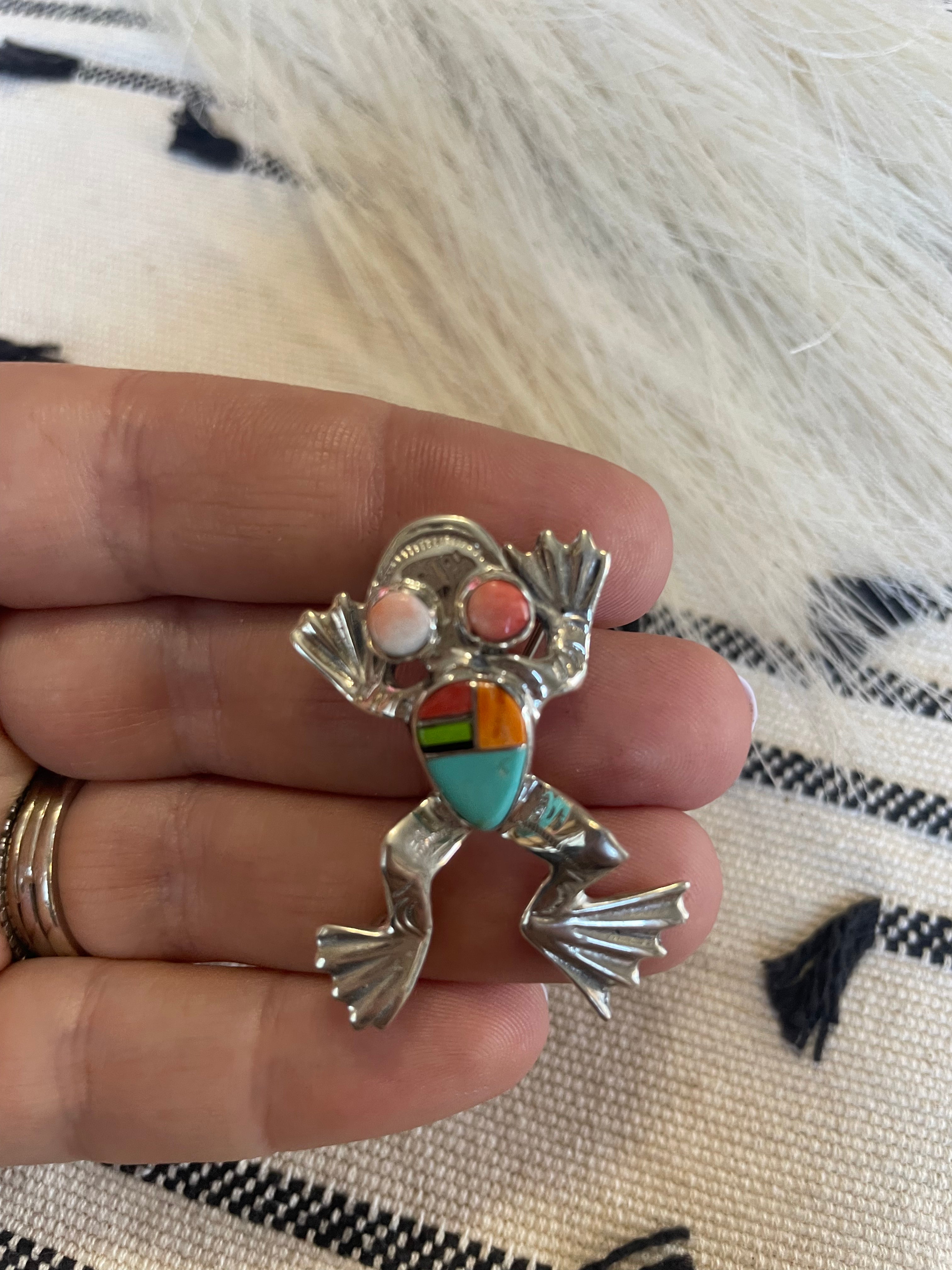 Navajo Multi Stone Inlay & Sterling Silver Frog Pendant Pin