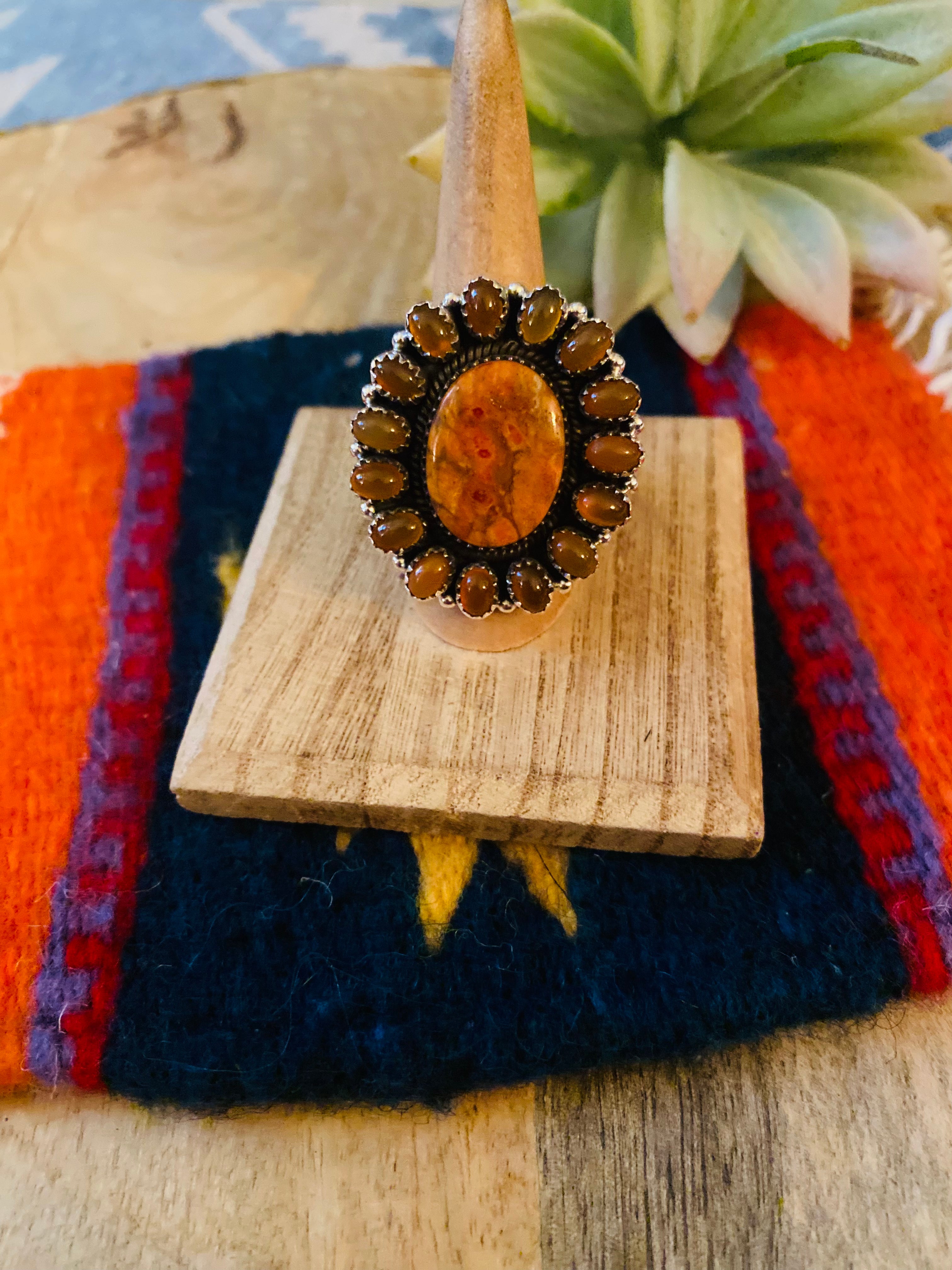 Handmade Sterling Silver, Carnelian & Spiny Mohave Cluster Adjustable Ring