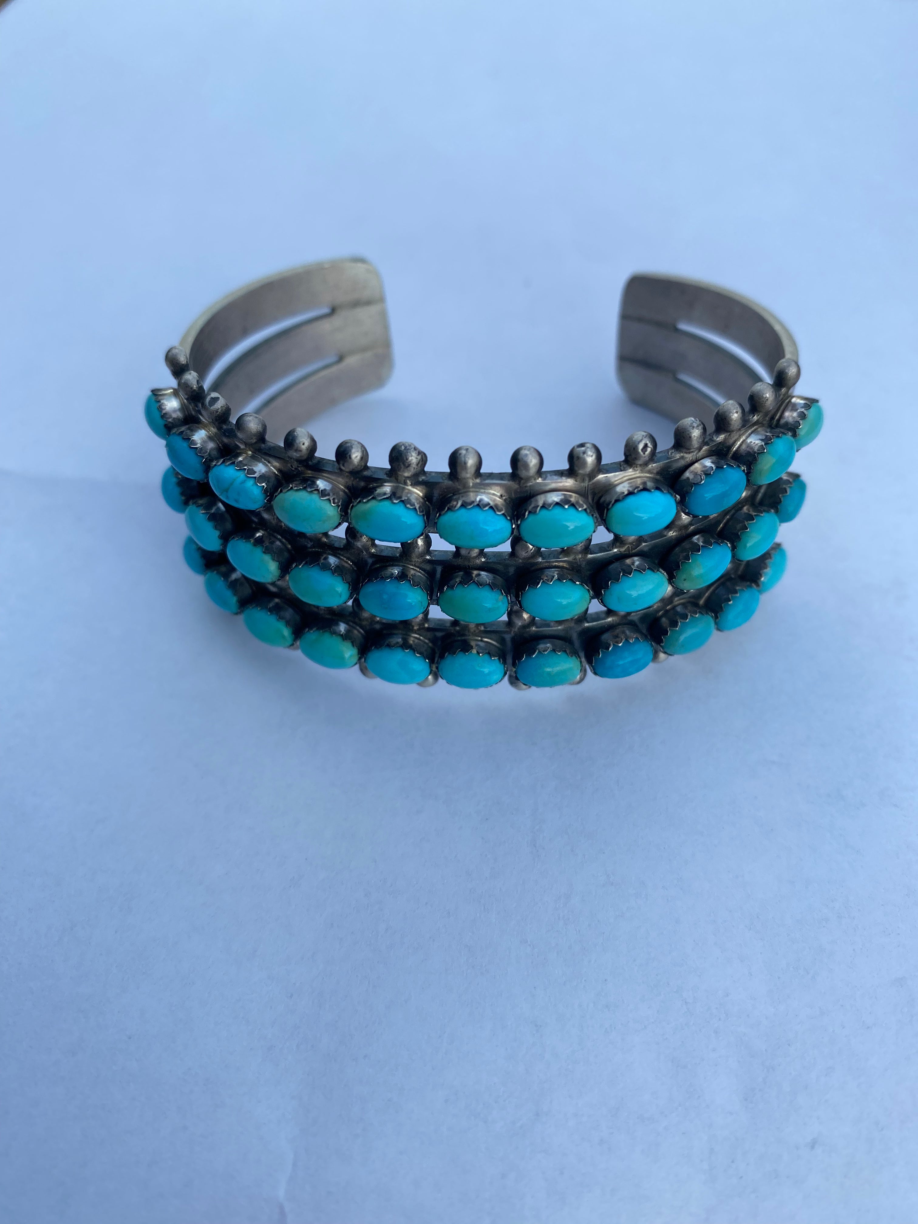 Paul Livingston Sterling Silver Snake Eye Carico Lake Turquoise 3 Row Cuff /