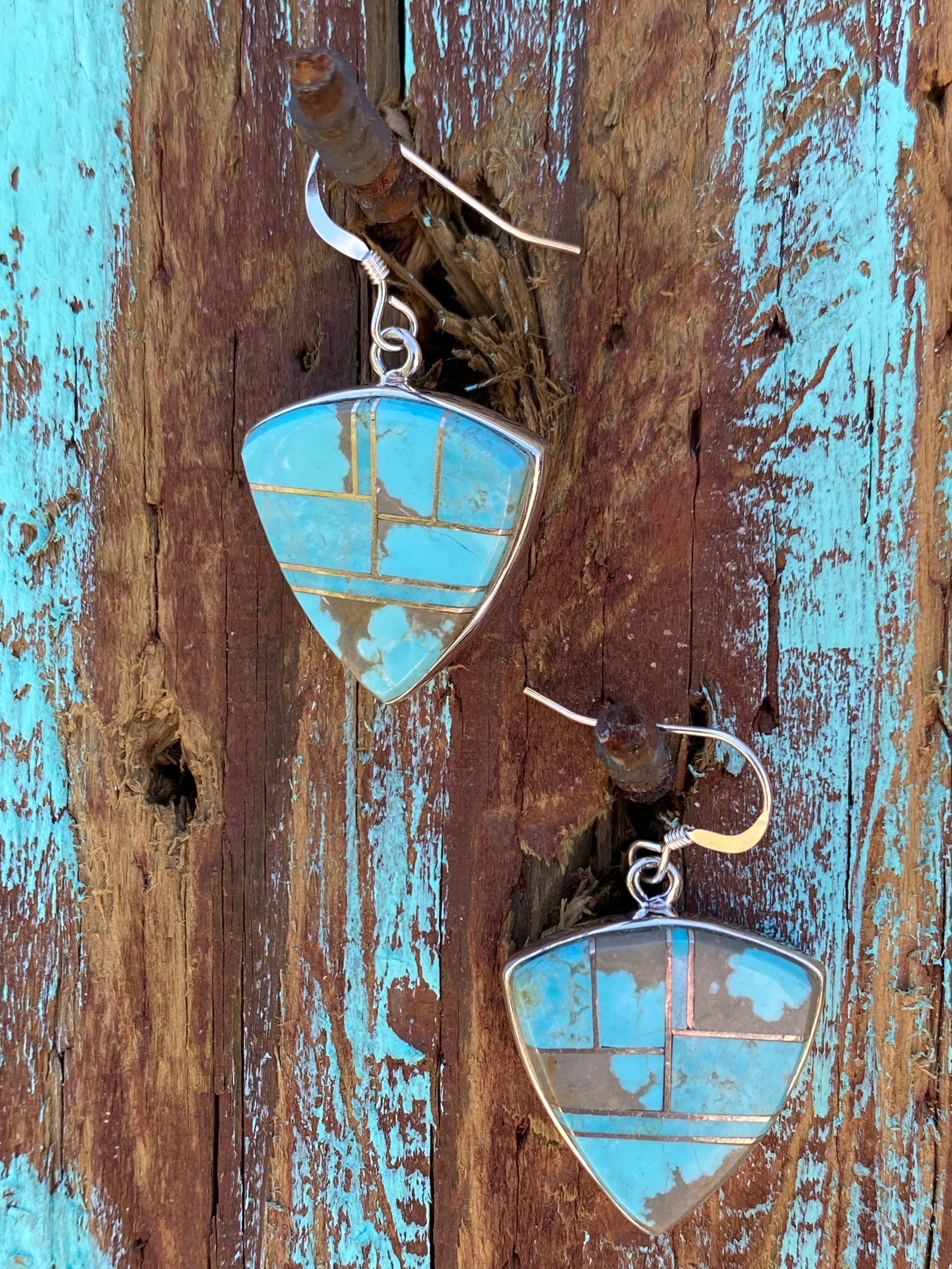 Navajo Turquoise 8 & Sterling Silver Shield Dangle Earrings