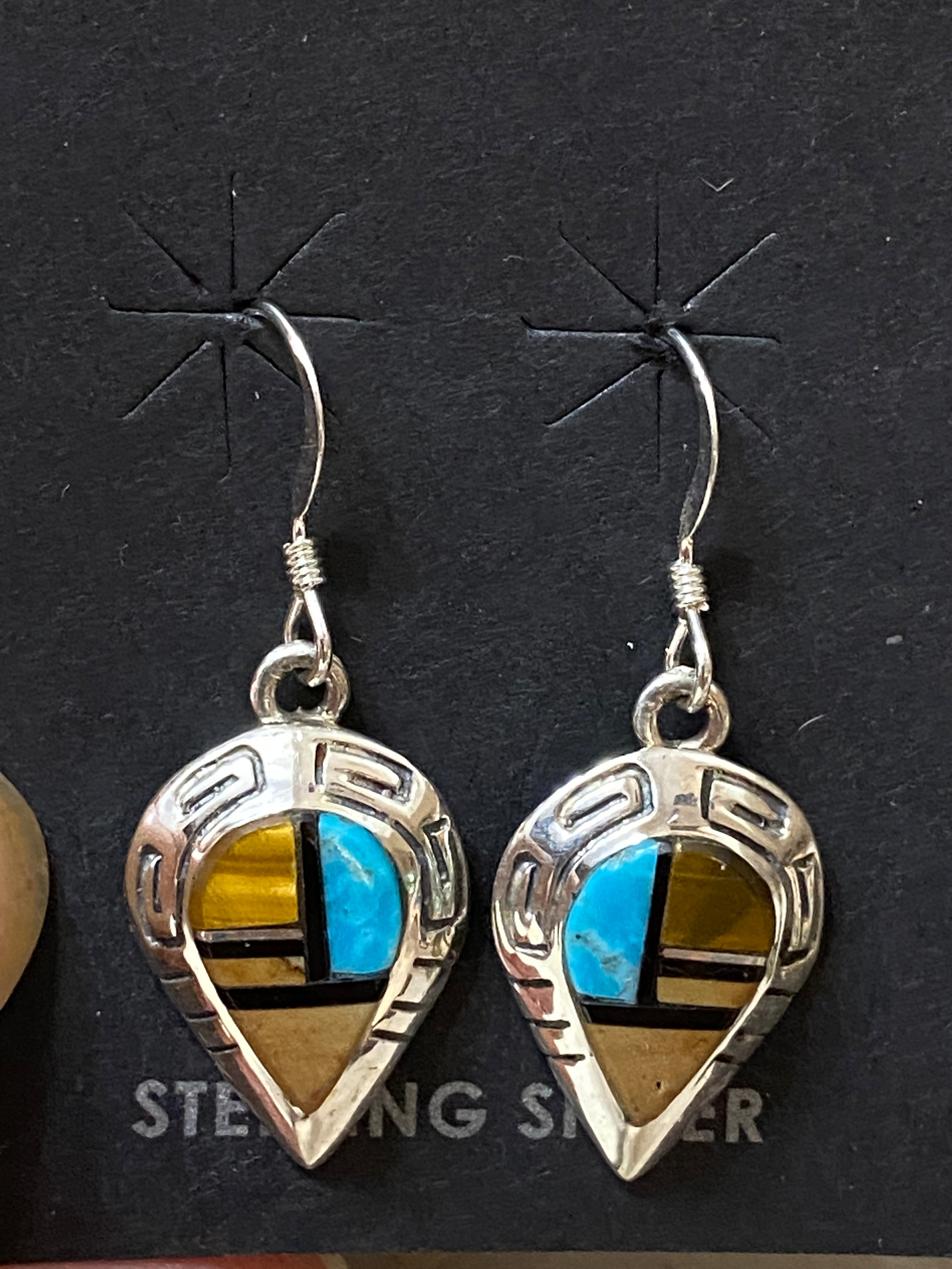 Navajo Turquoise, Onyx, Petrified Wood & Sterling Silver Inlay Drop Dangle Earrings