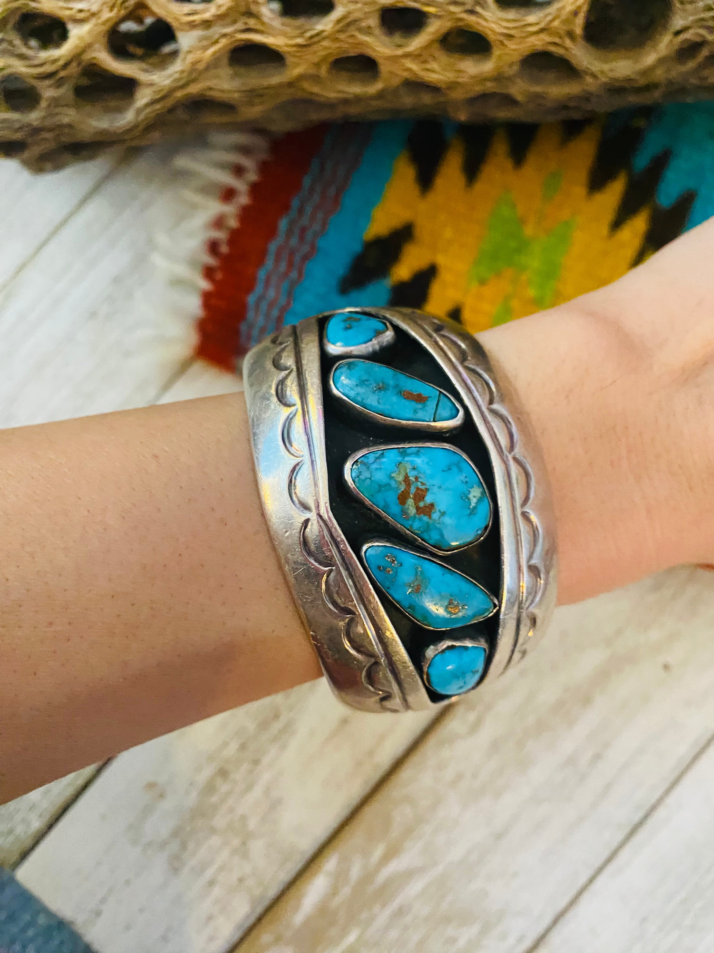 Navajo Old Pawn Vintage Turquoise & Sterling Silver Cuff Bracelet