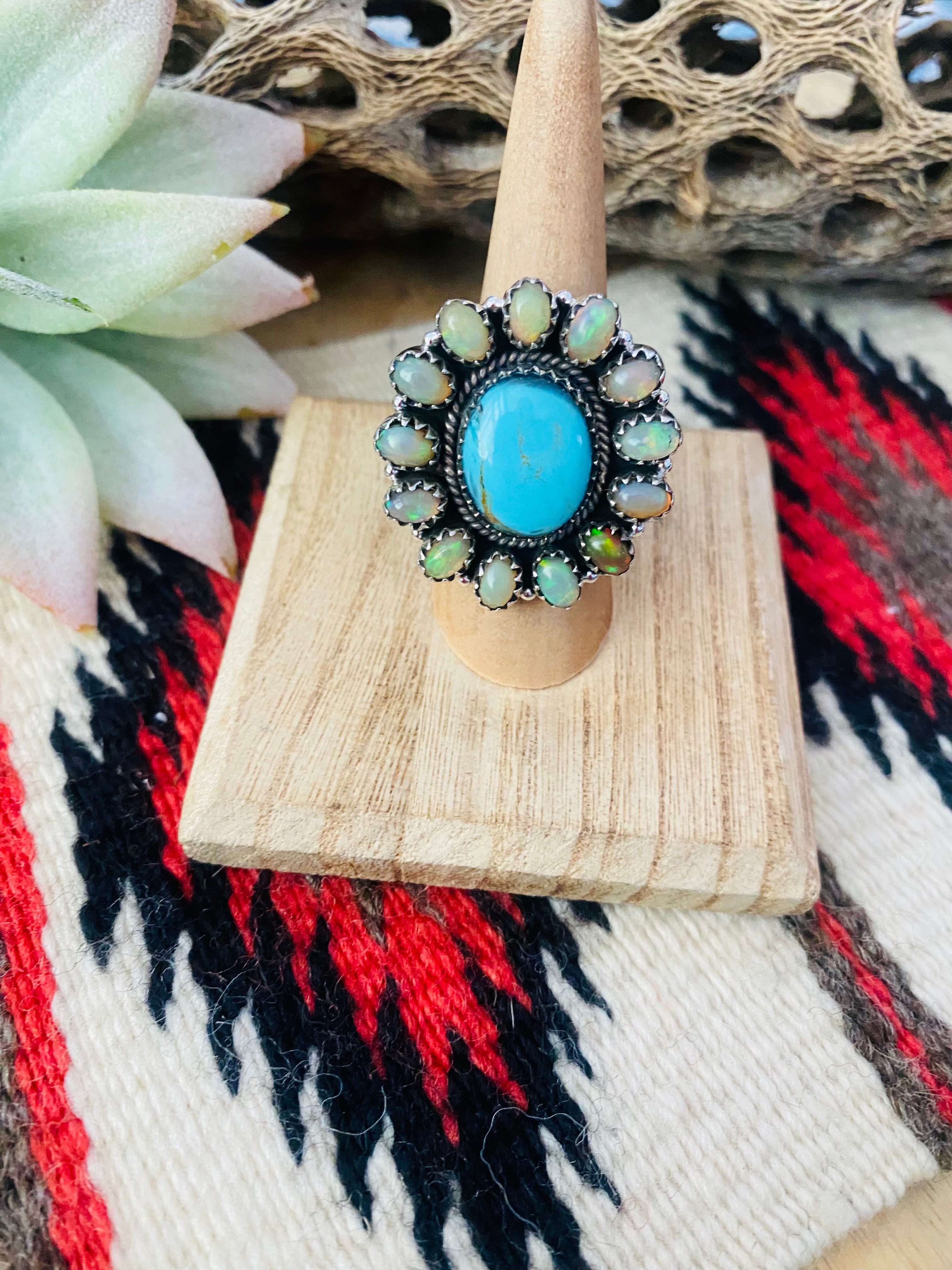 Handmade Sterling Silver, Turquoise & Opal Cluster Adjustable Ring