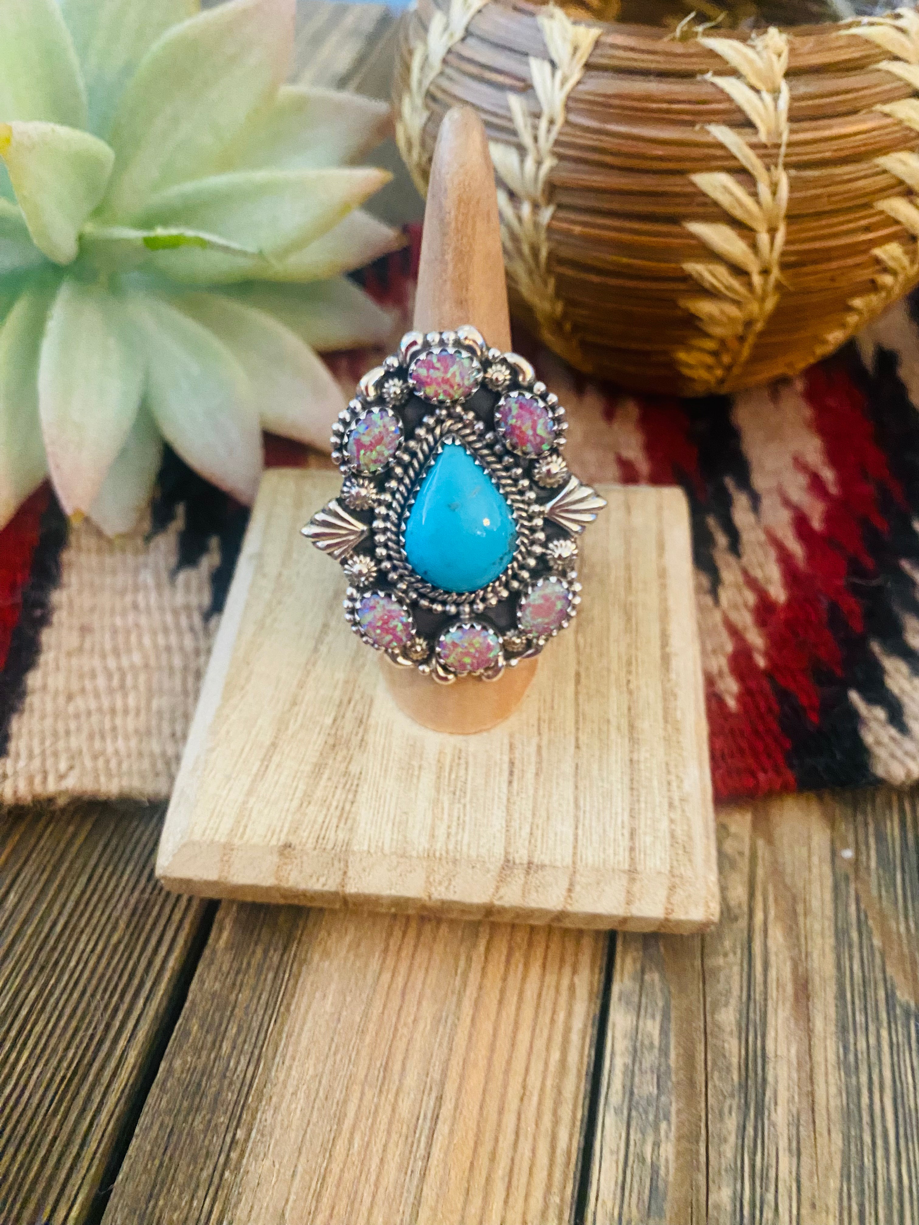 Handmade Sterling Silver, Turquoise & Opal Cluster Adjustable Ring