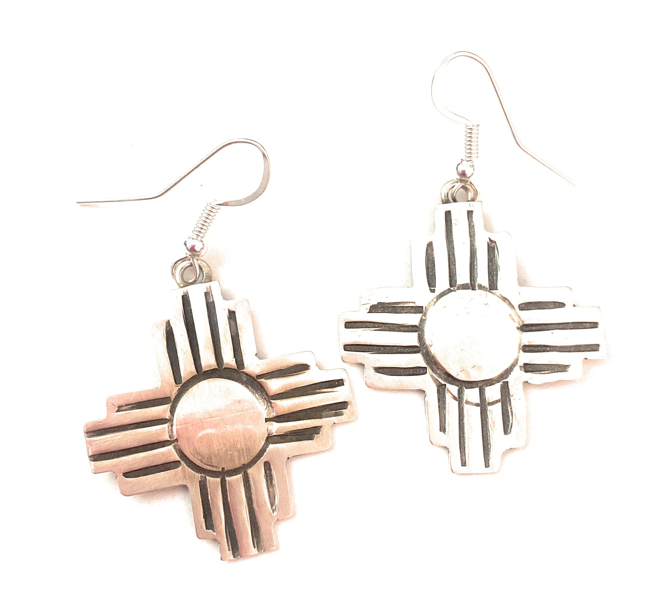 Navajo Hand Stamped Sterling Silver Zia Cross Dangle Earrings Signed