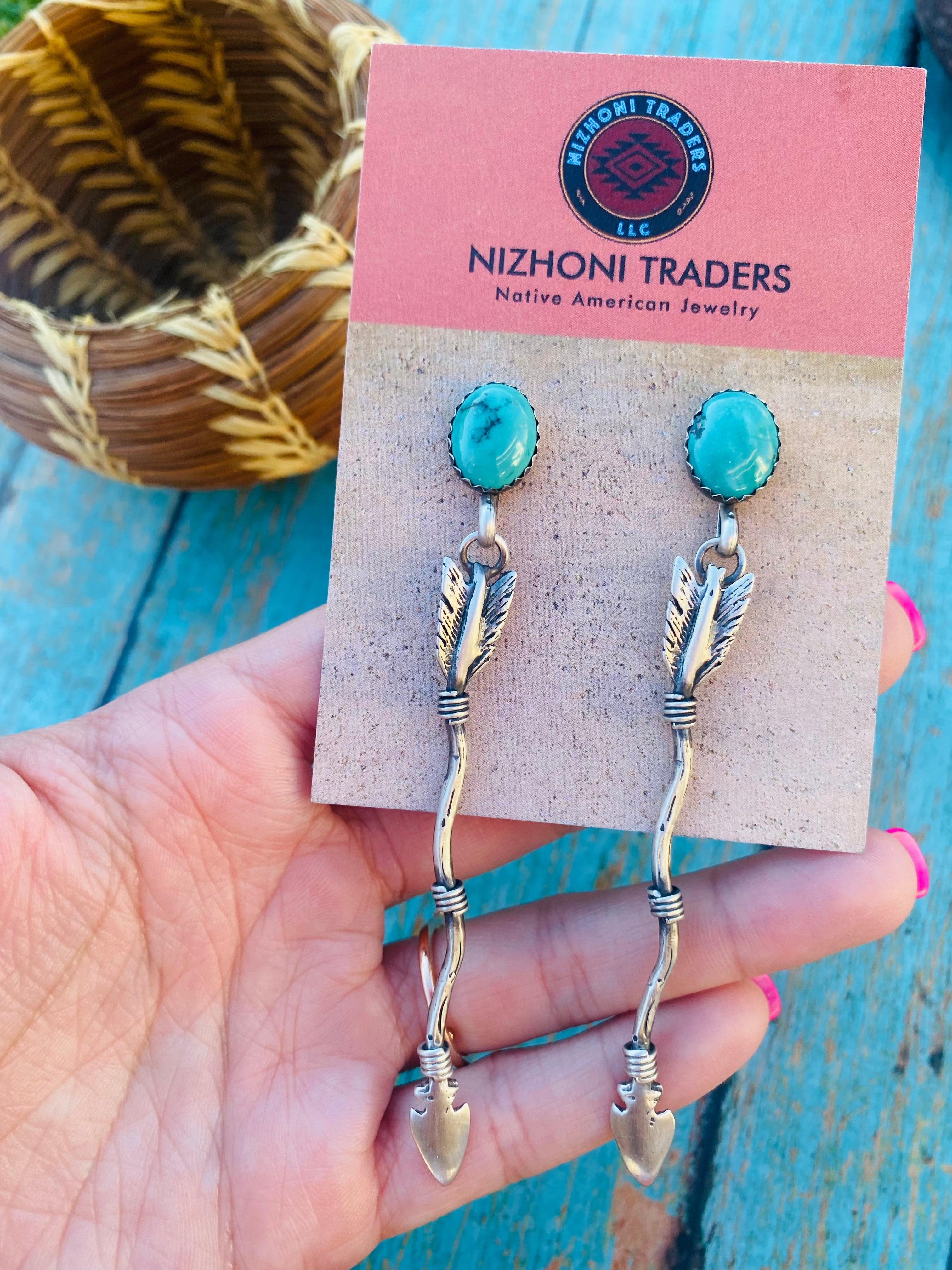 Navajo Turquoise & Sterling Silver Arrow Dangle Earrings