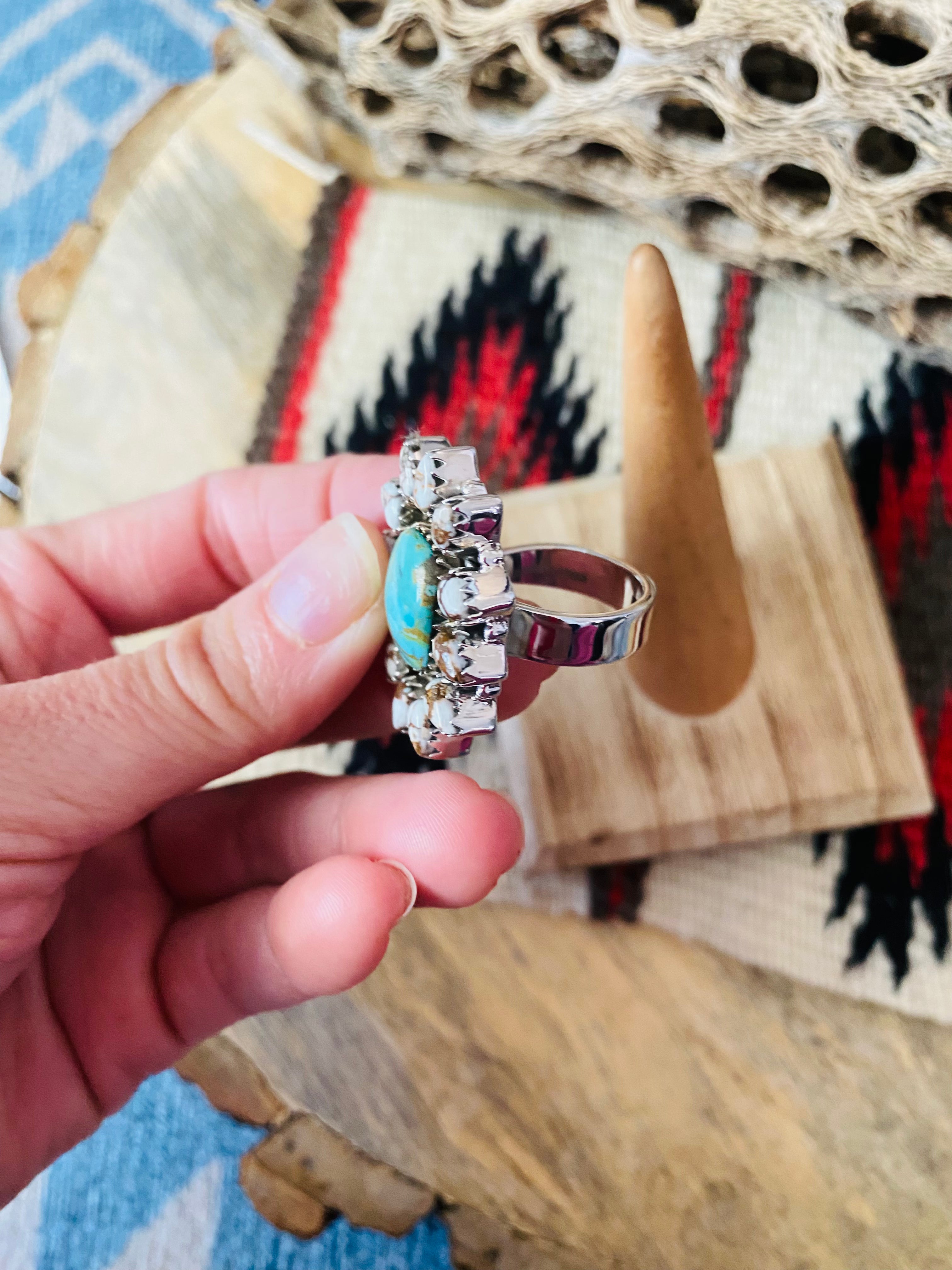 Handmade Sterling Silver, Wild Horse & Turquoise Cluster Adjustable Ring