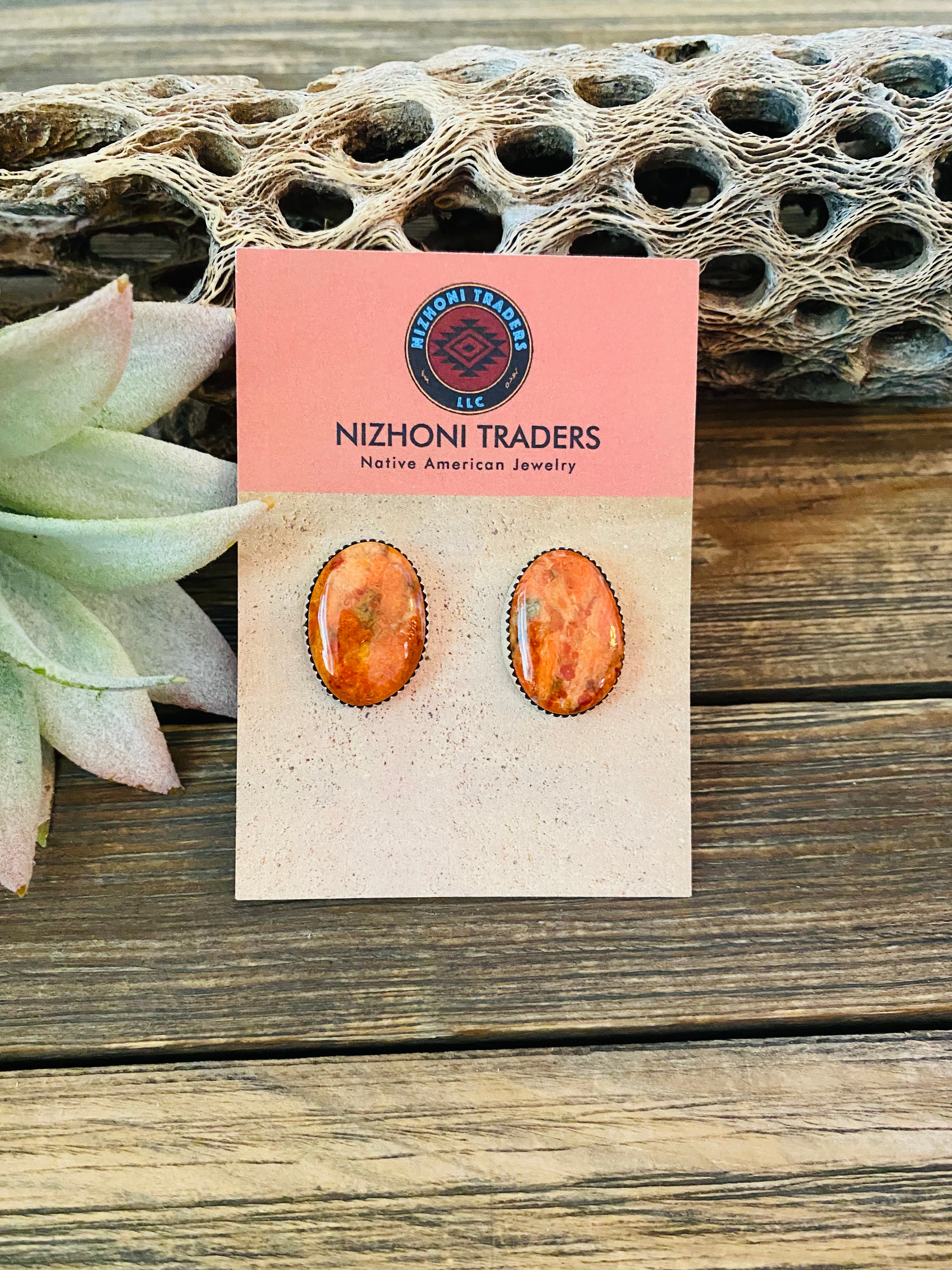 Navajo Sterling Silver & Orange Spiny Post Earrings 7/8”