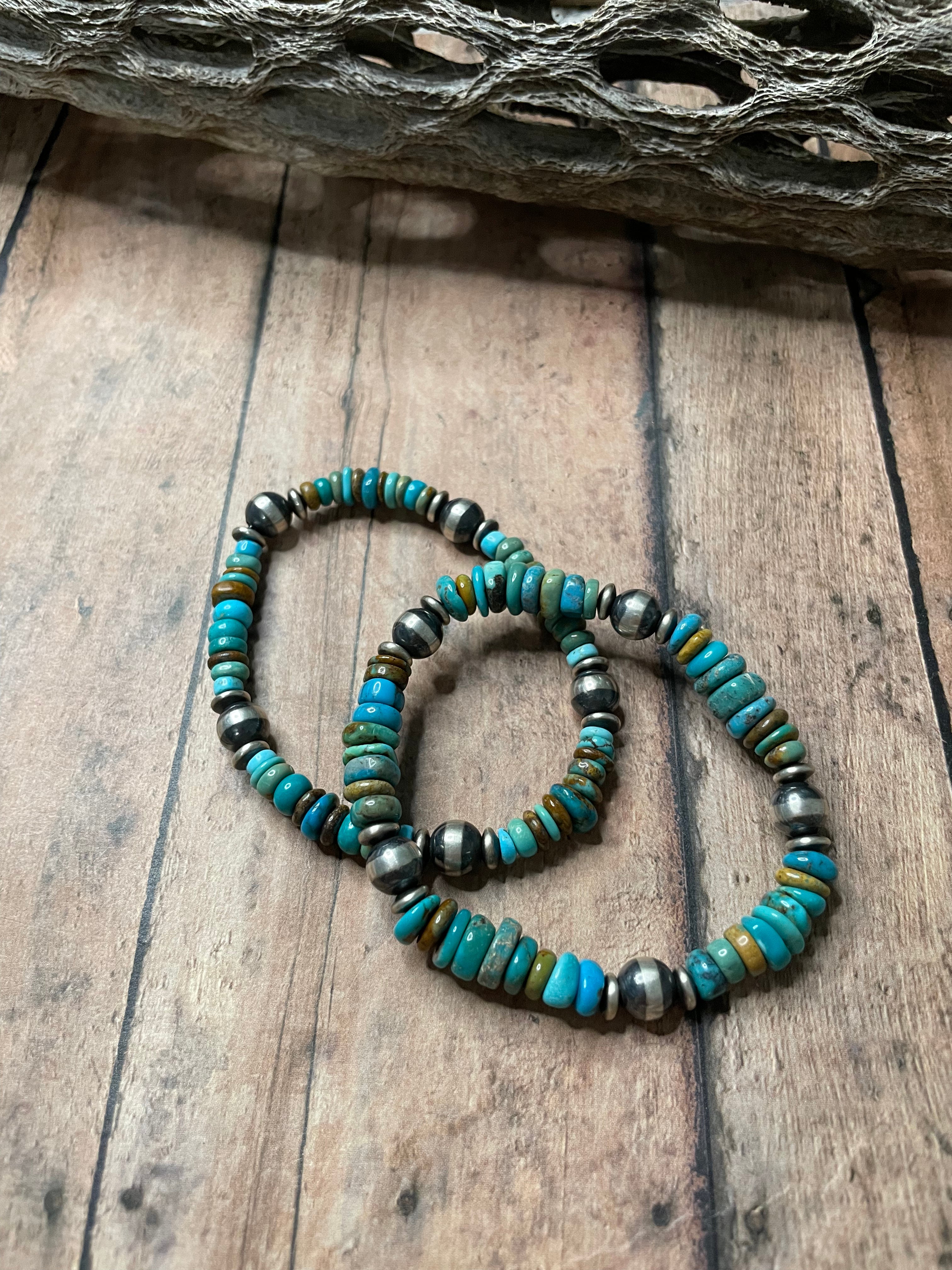 Navajo Sterling Silver Stretchy Natural #8 Turquoise Beaded Bracelet