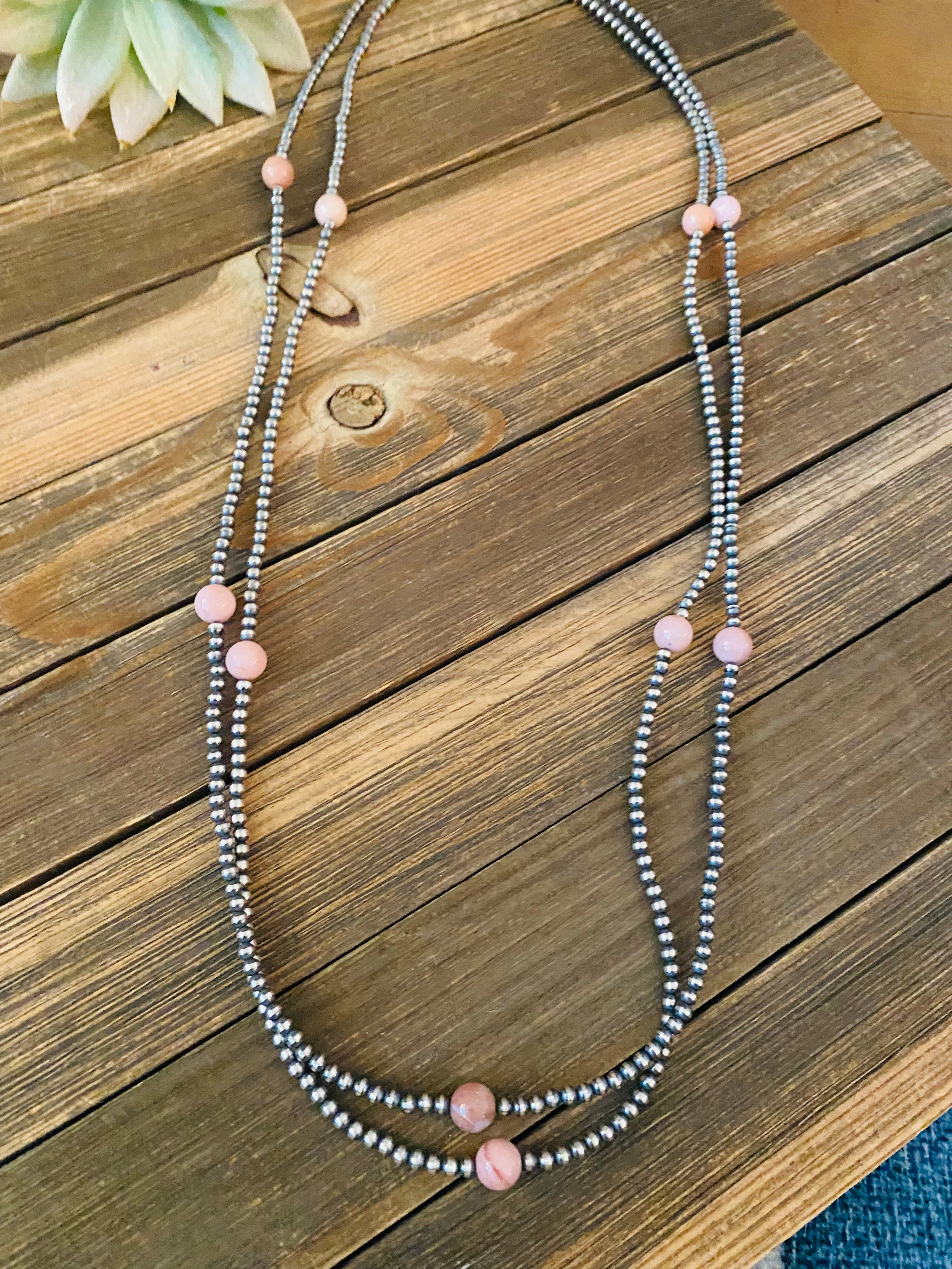 Navajo Sterling Silver Pearl & Pink Opal Beaded Necklace 72 inch