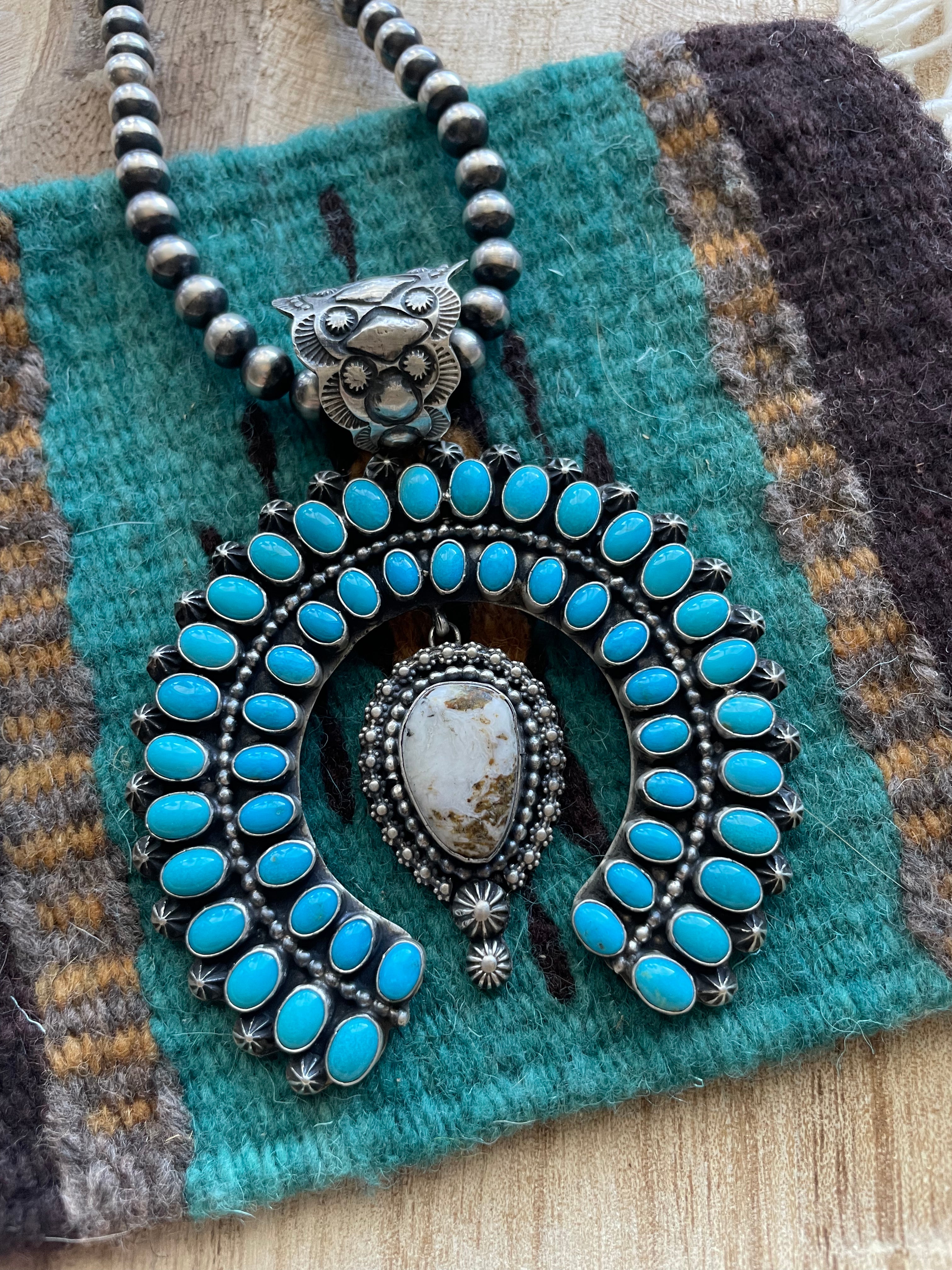 Navajo Sterling Silver, Turquoise & White Buffalo Naja Pendant Signed