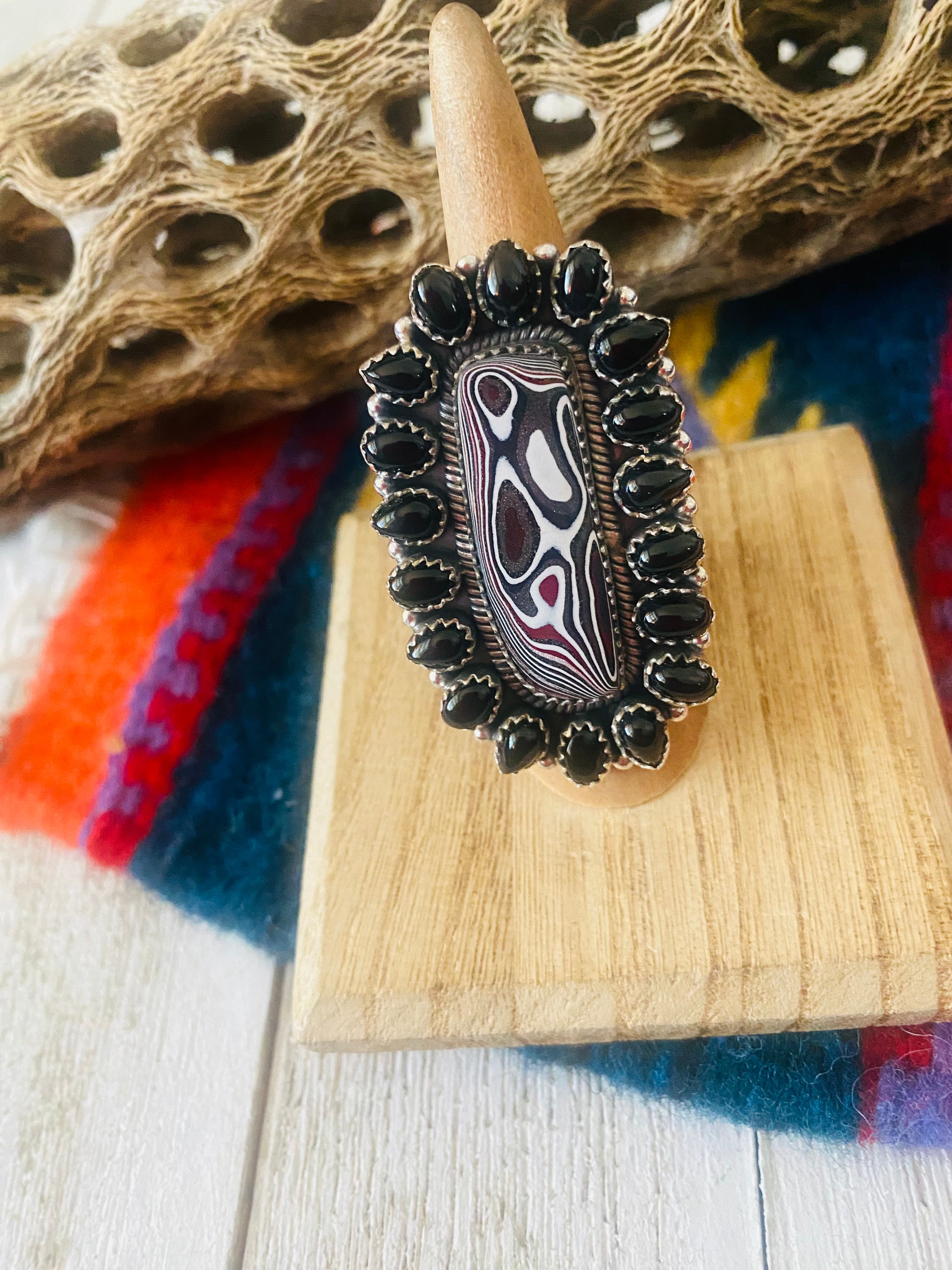 Handmade Sterling Silver, Fordite & Onyx Cluster Adjustable Ring