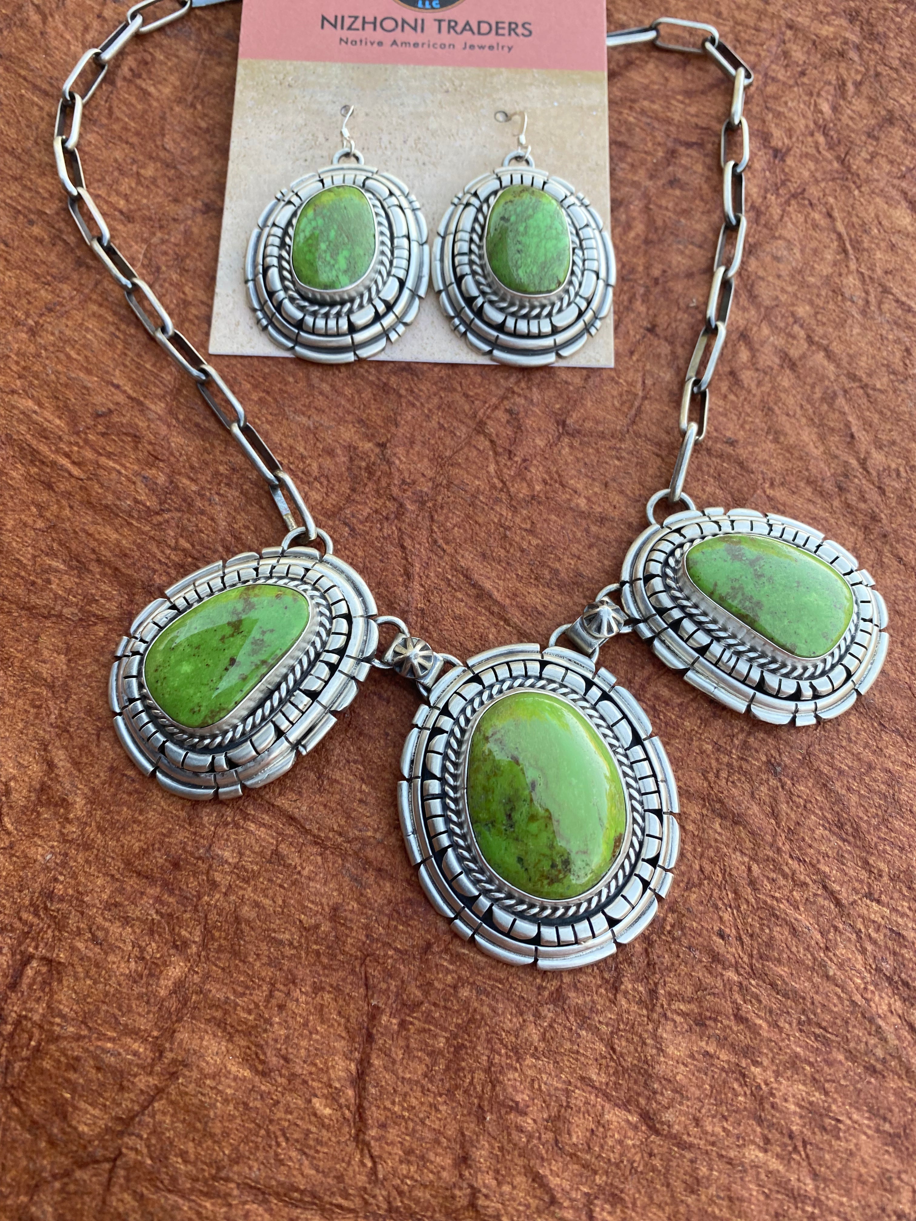 Navajo Gaspeite & Sterling Silver Necklace Set by Larry Kaye