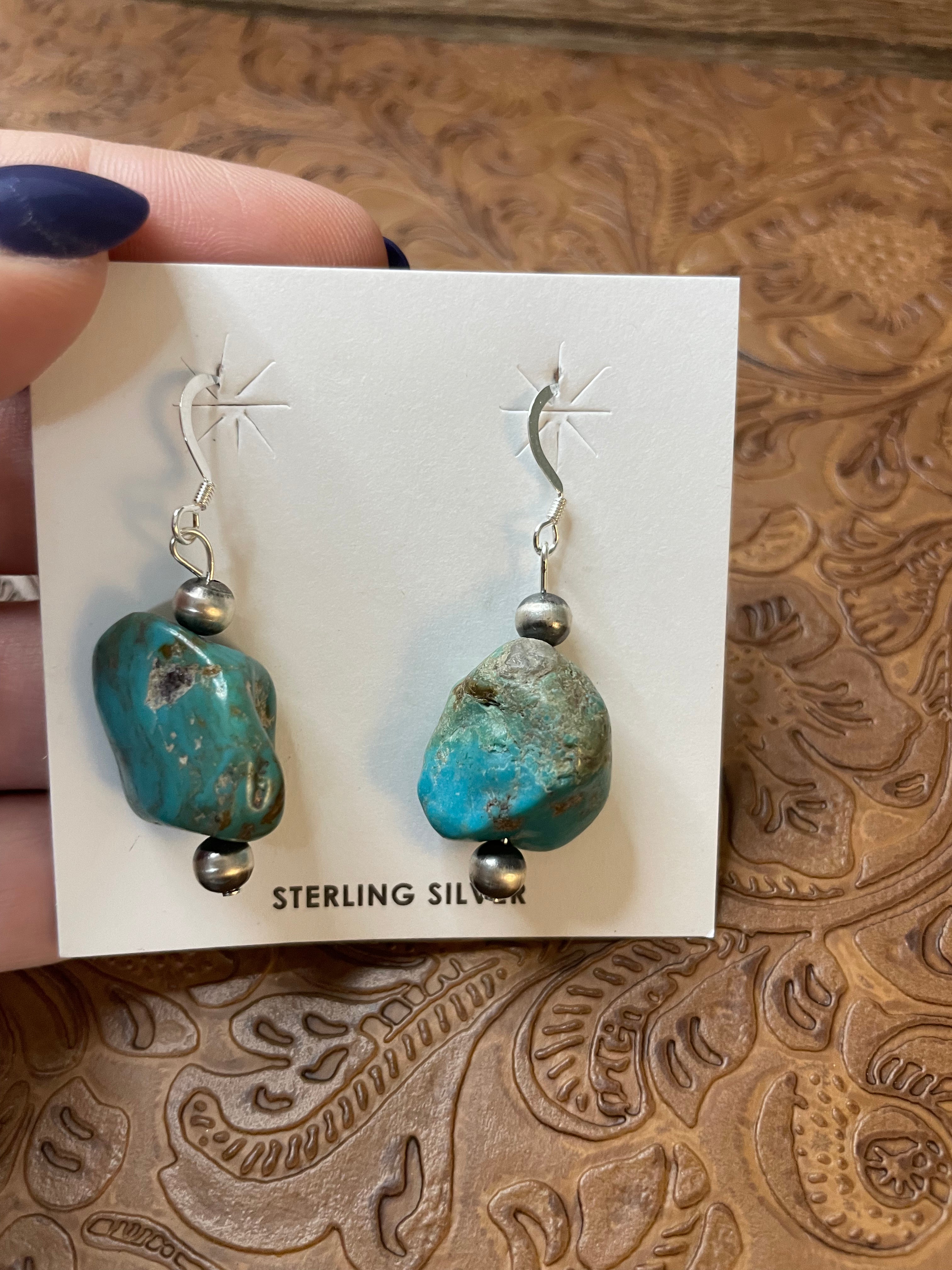 Navajo Sterling Silver Turquoise Stone Dangle Earrings