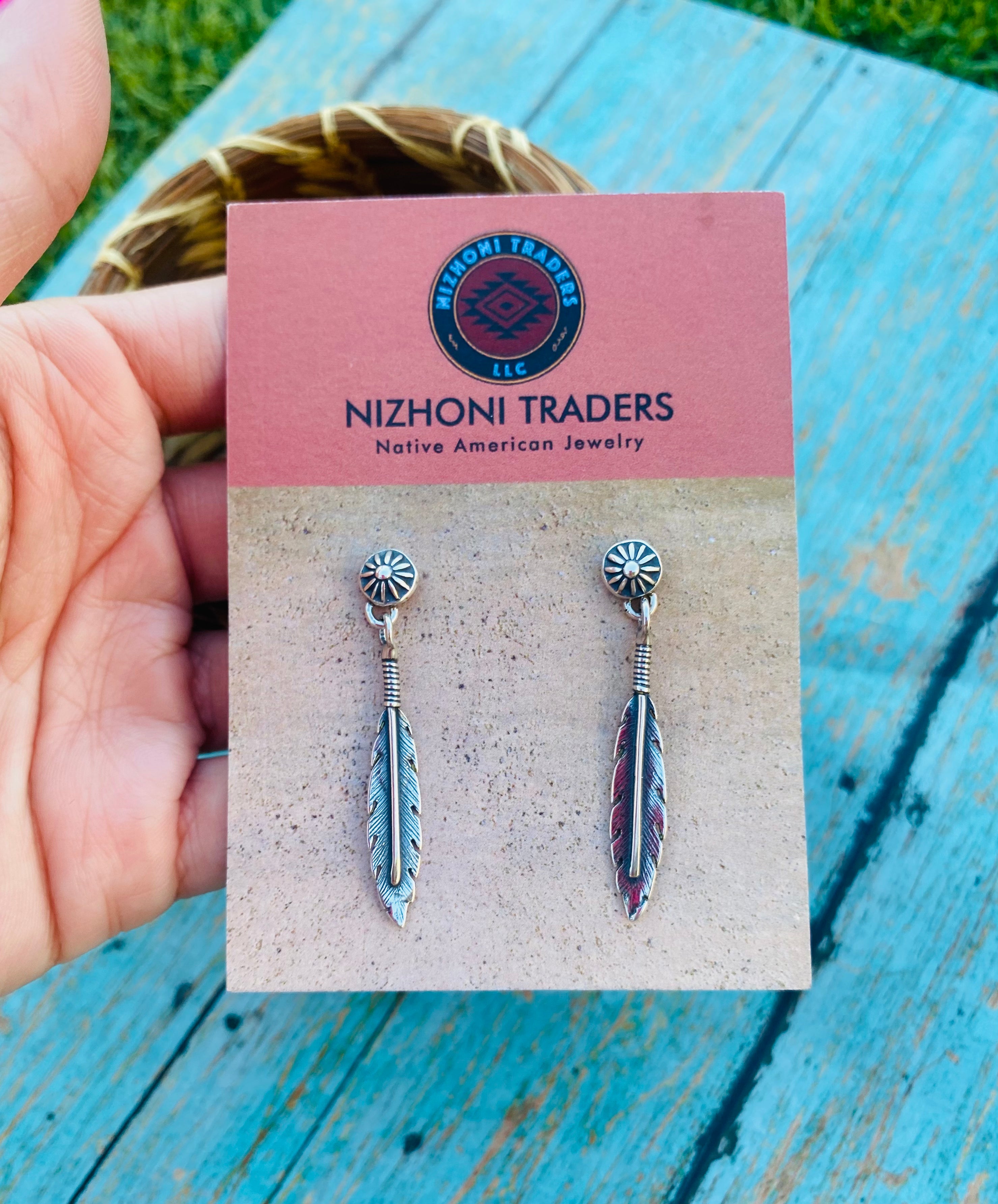 Navajo Sterling Silver Concho Feather Dangle Earrings