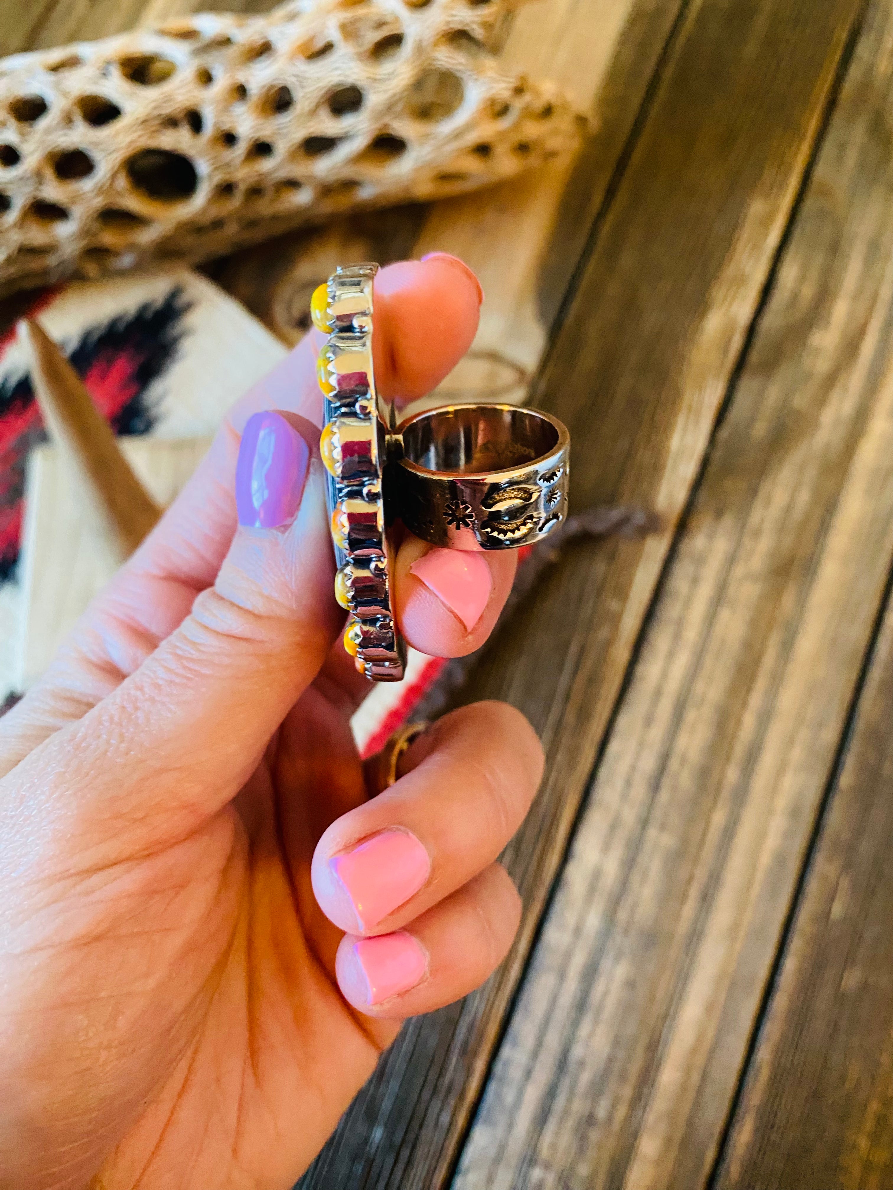 Handmade Sterling Silver, Fordite & Orange Mohave Cluster Adjustable Ring