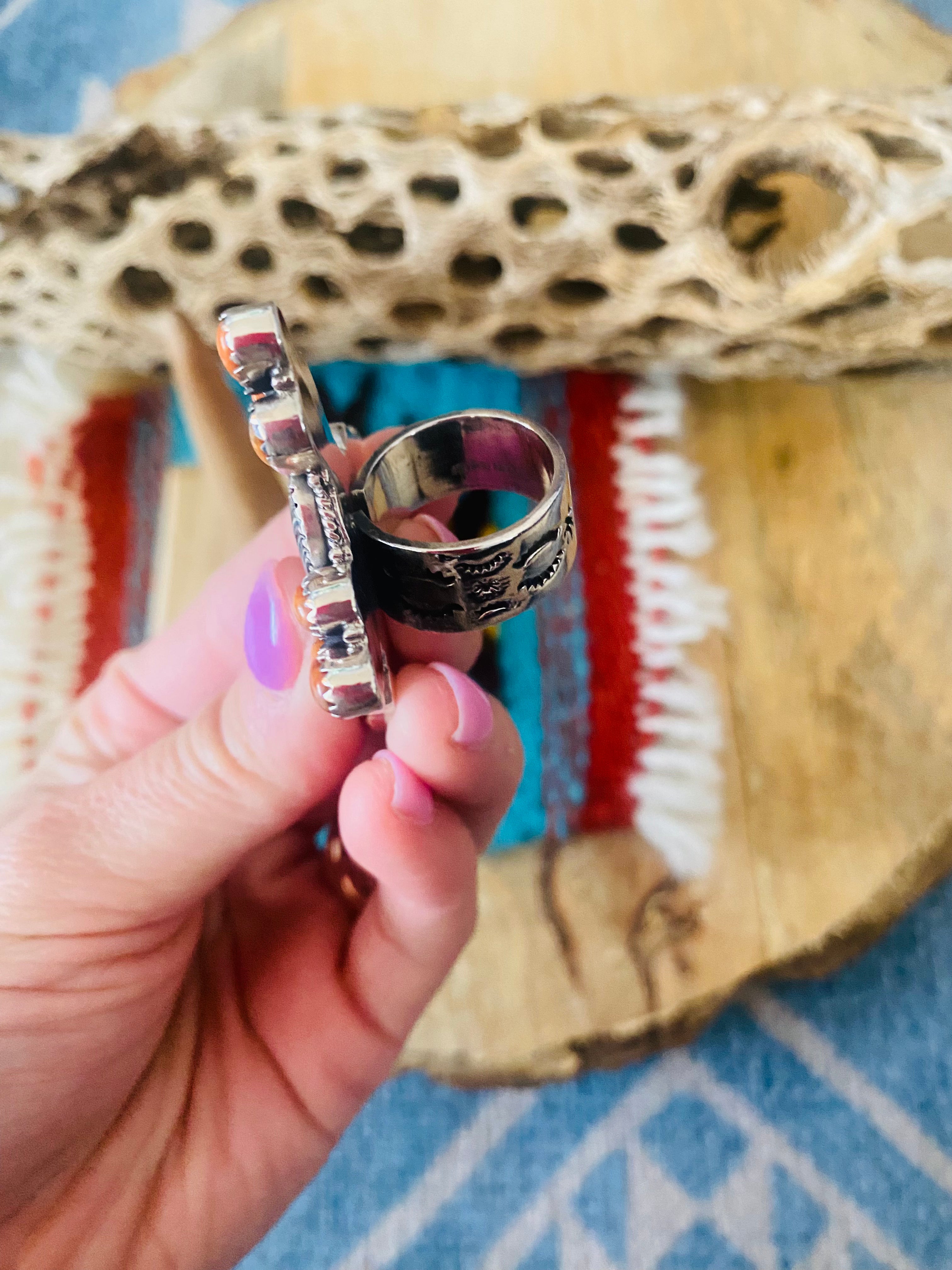 Handmade Sterling Silver, Fordite & Orange Mohave Cluster Adjustable Ring