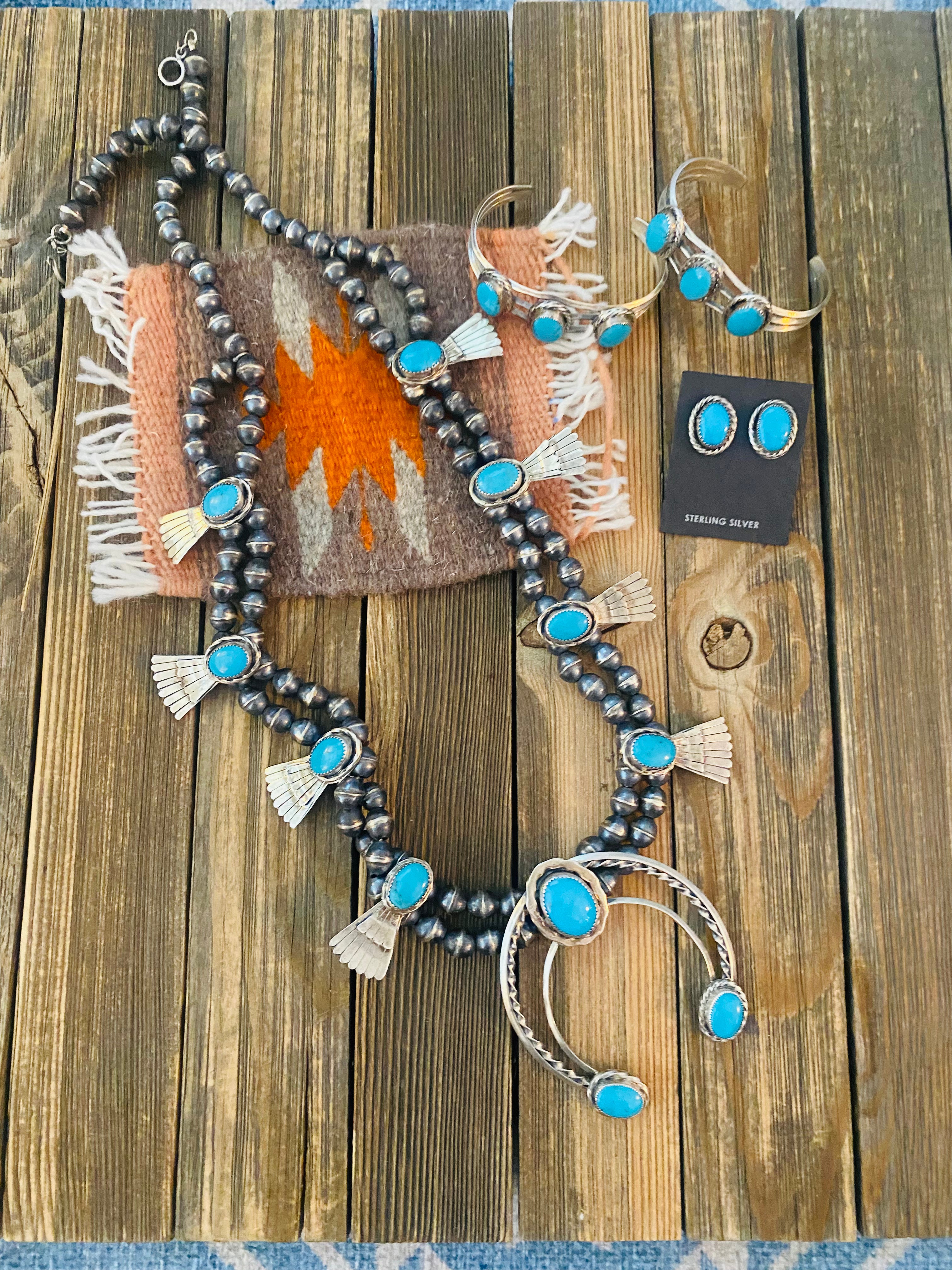 Old Pawn Vintage Navajo Turquoise And Sterling Silver 4 Piece Set