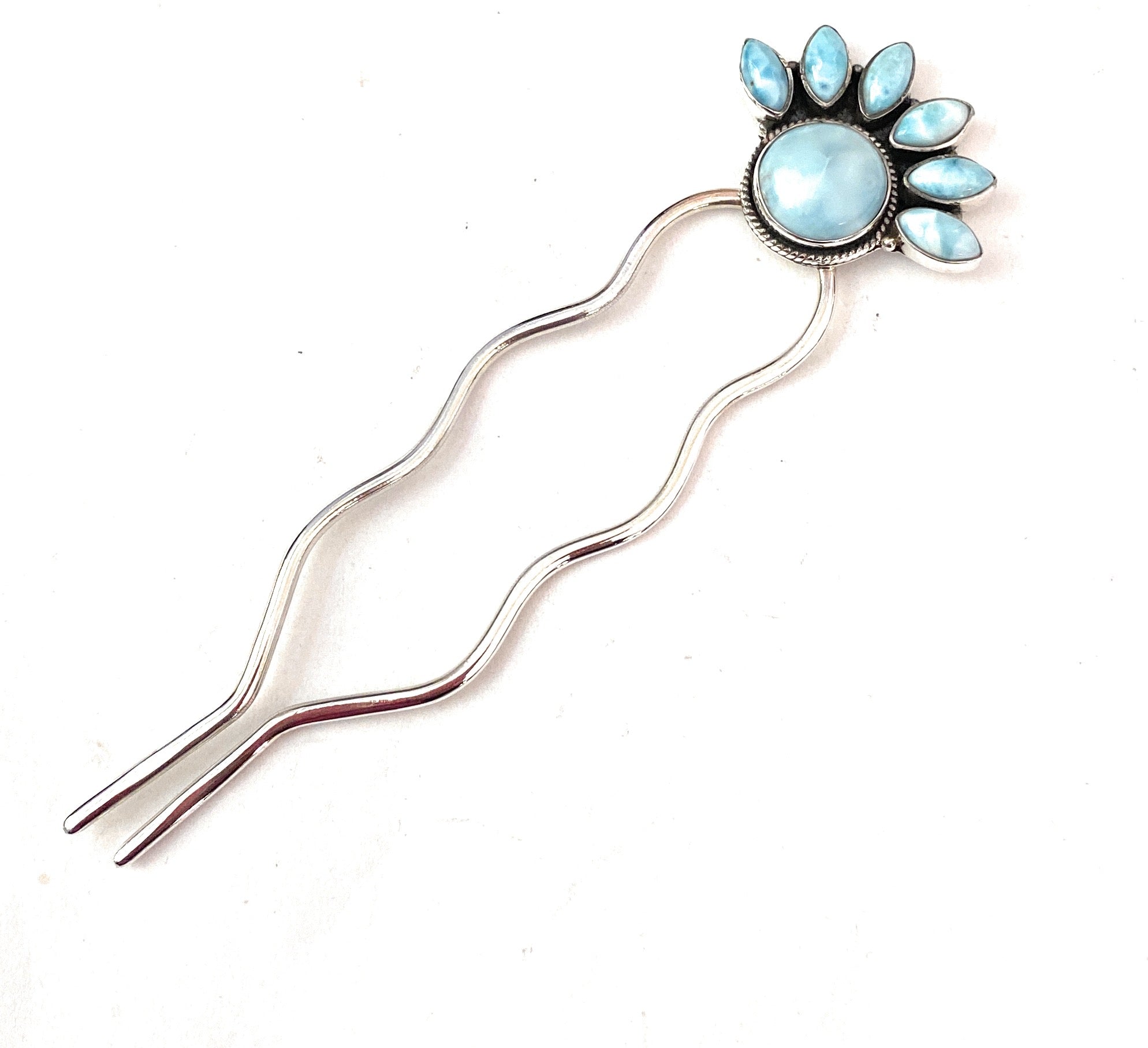 Handmade Larimar & Sterling Silver Hair Pin