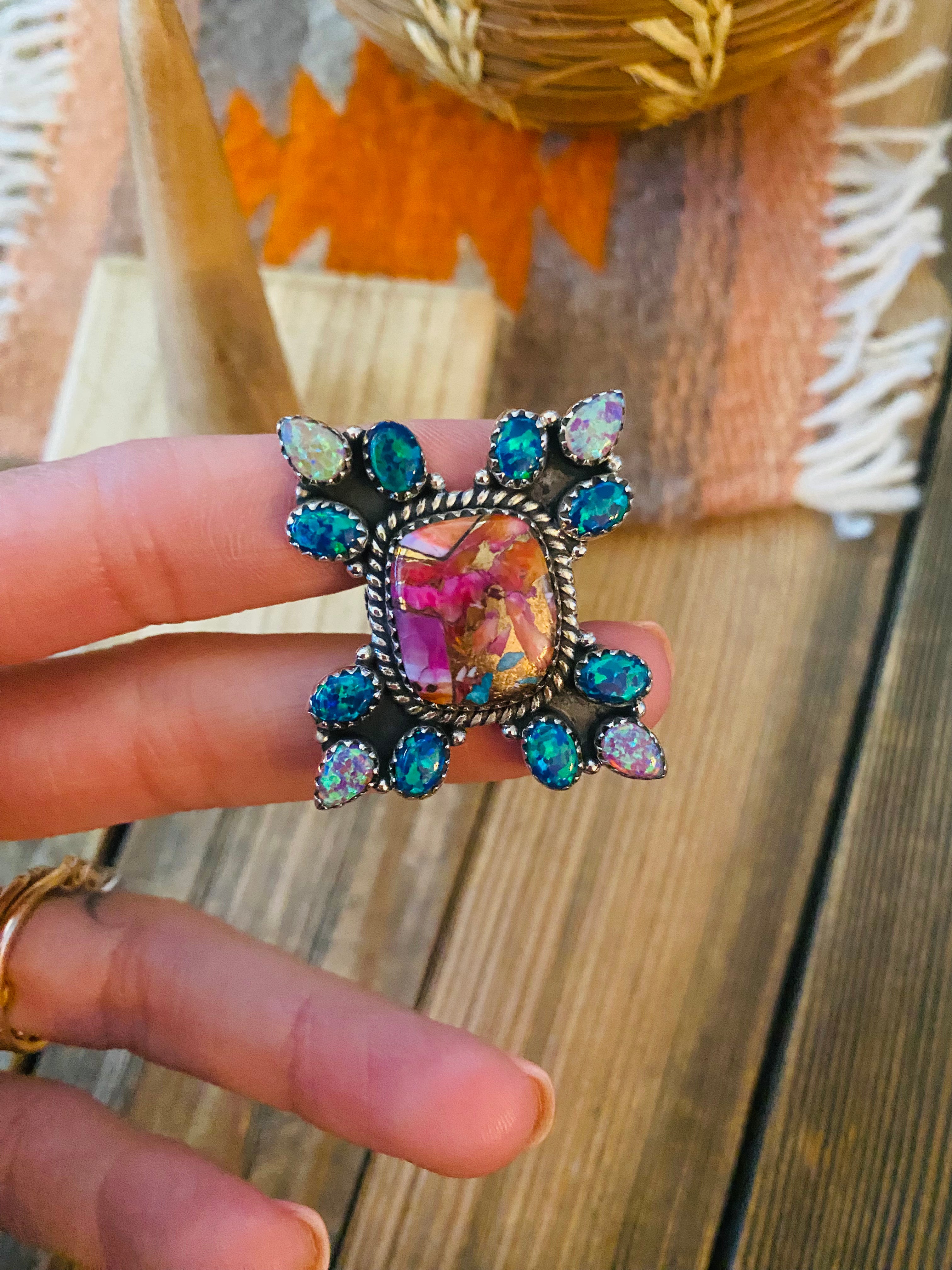 Handmade Sterling Silver, Pink Dream & Opal Cluster Adjustable Ring