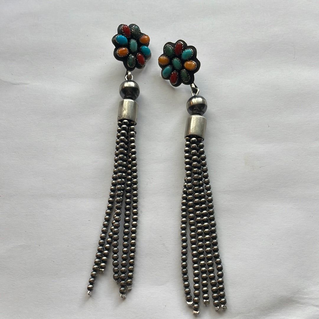 Navajo Sterling Silver Tassel Multi Stone Flower Dangle Earrings Signed