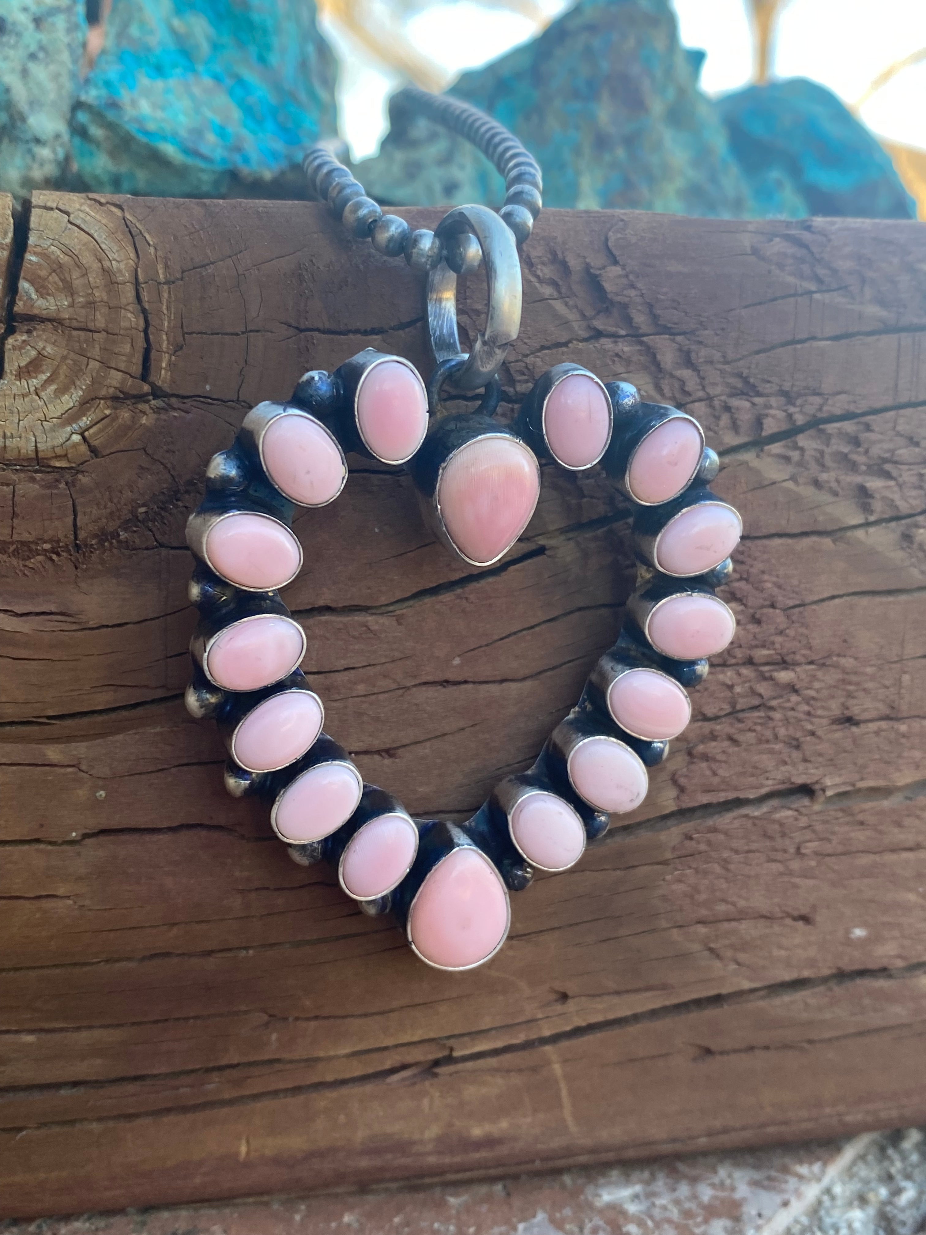 Navajo Heart Queen Pink Conch & Sterling Silver Pendant Signed